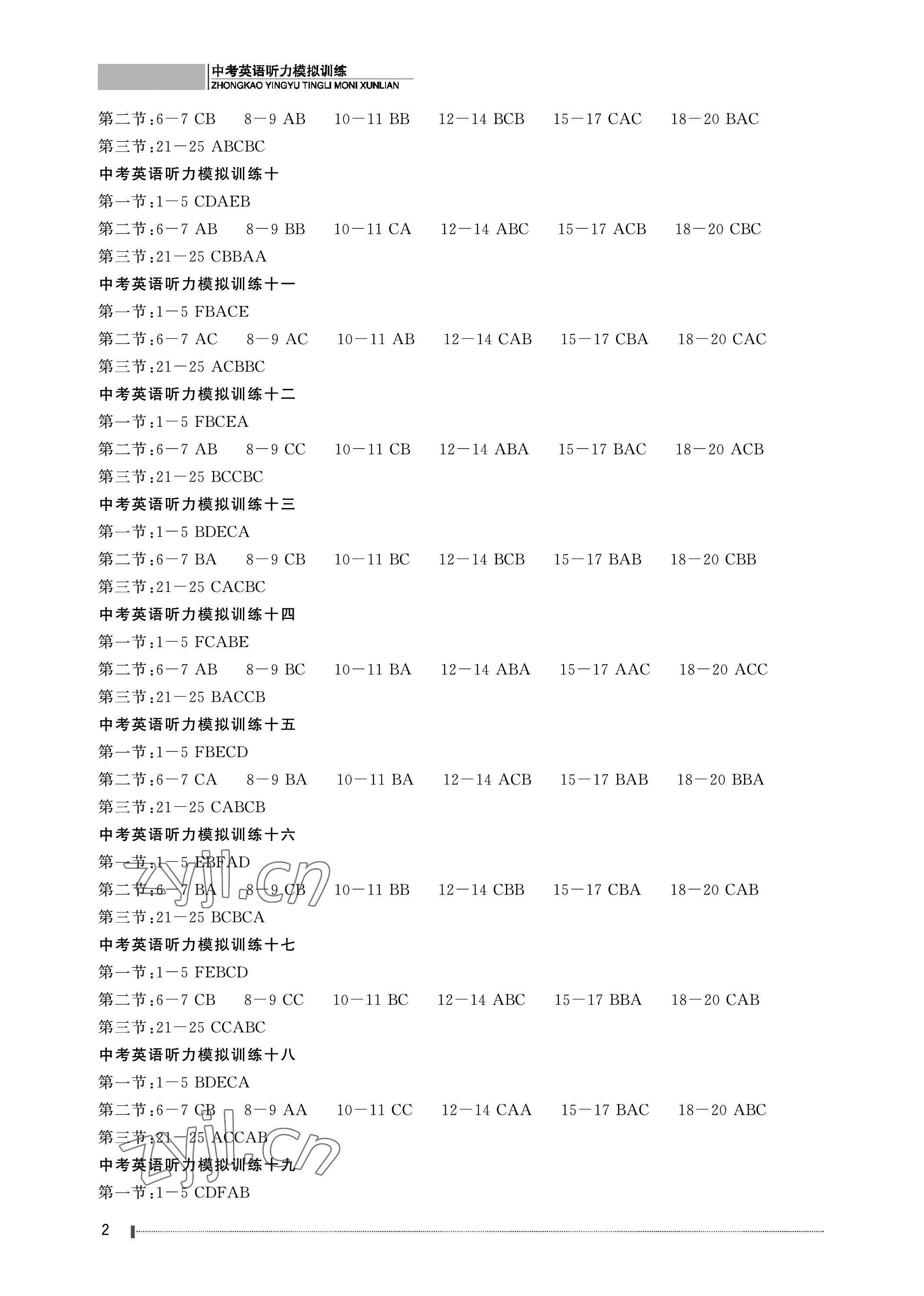 2023年中考英语听力模拟训练长江少年儿童出版英语 参考答案第2页