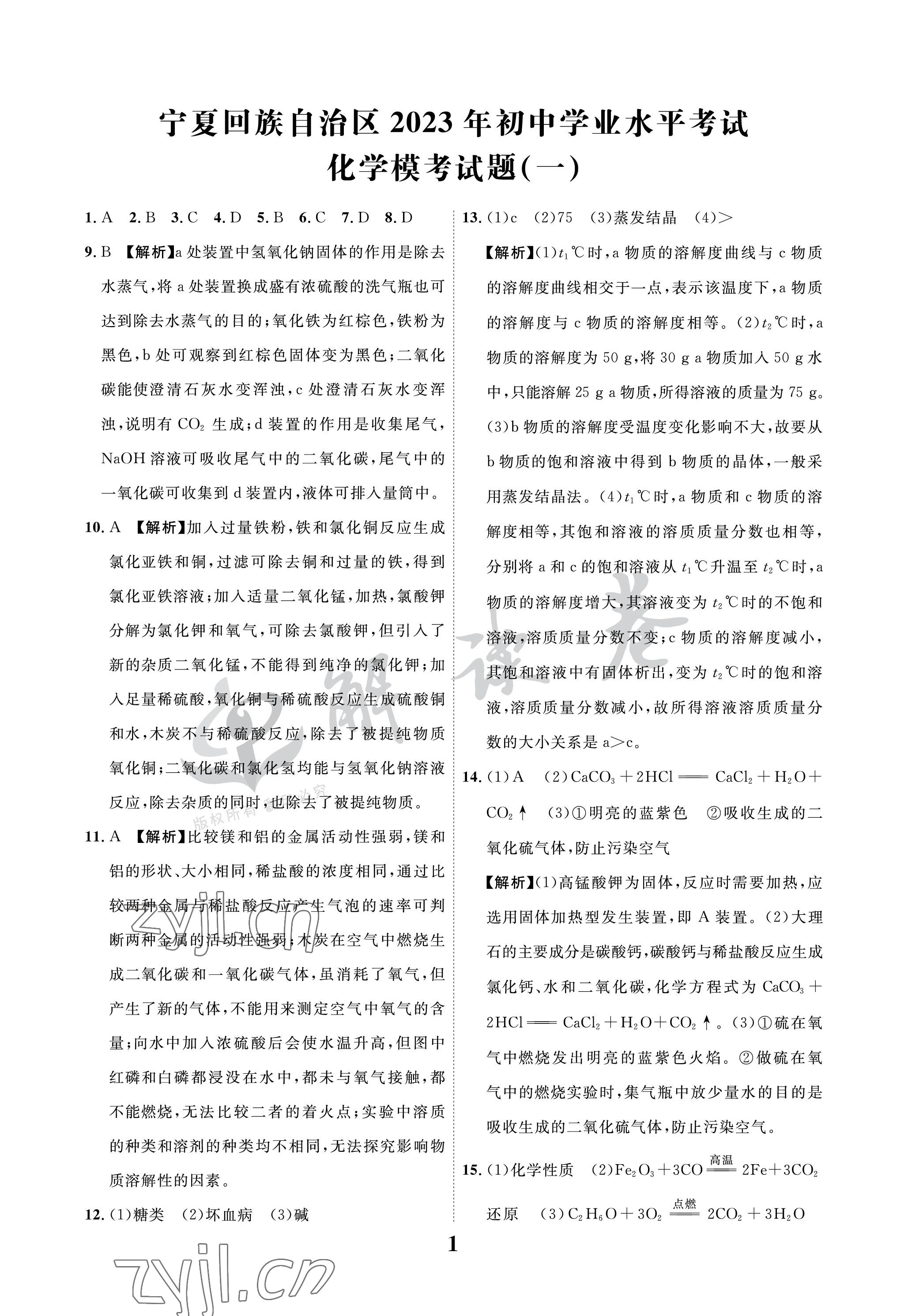 2023年解讀卷5加3化學寧夏專版 參考答案第1頁