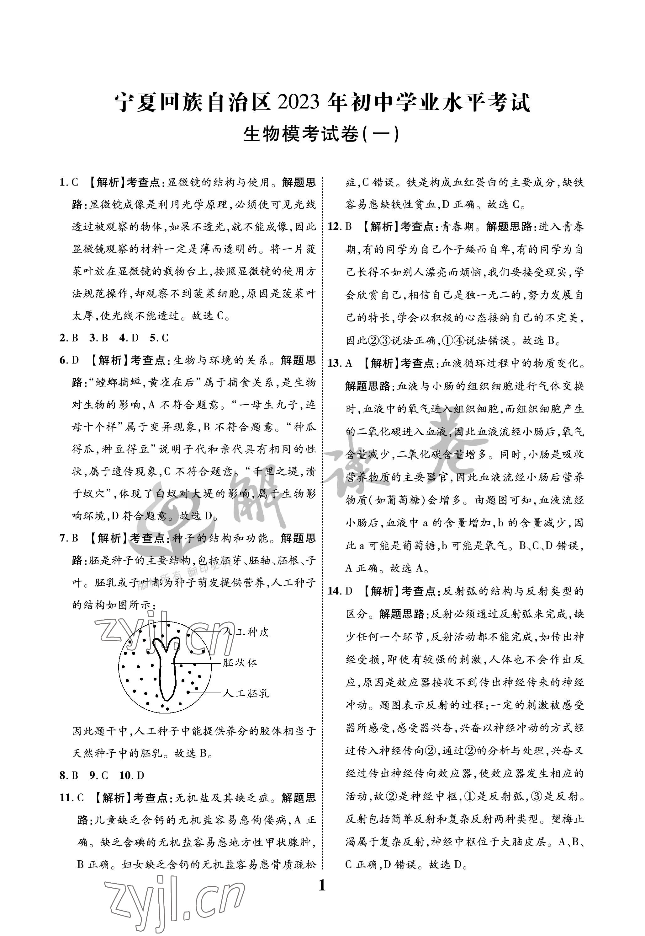2023年解讀卷5加3生物寧夏專版 參考答案第1頁