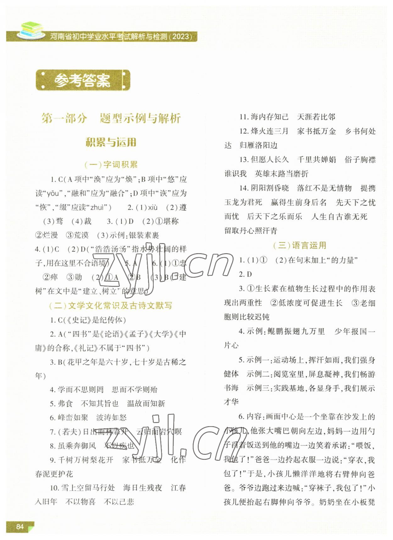 2023年河南省初中學(xué)業(yè)水平考試解析與檢測(cè)語(yǔ)文上冊(cè) 參考答案第1頁(yè)