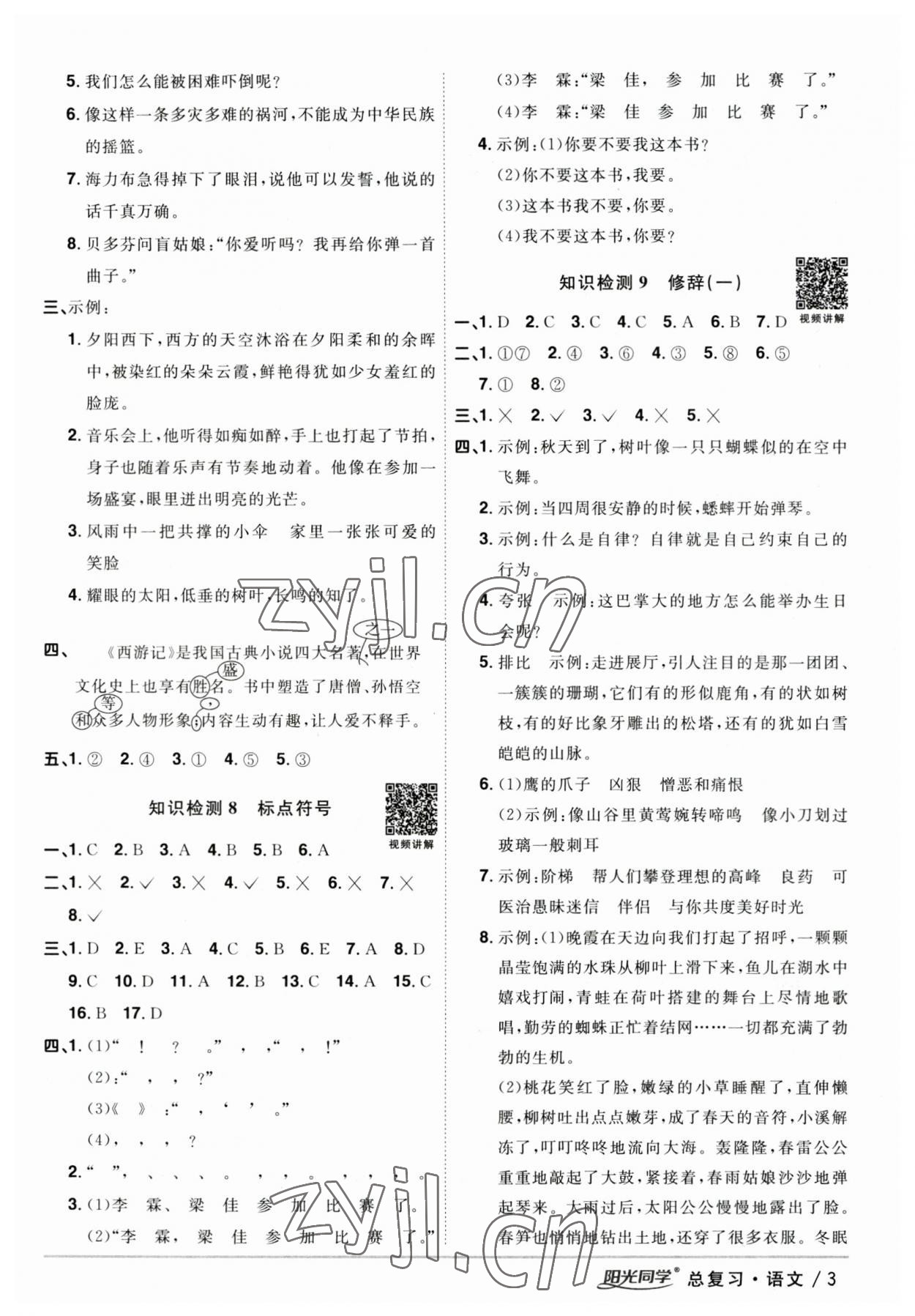 2023年陽光同學(xué)小學(xué)畢業(yè)升學(xué)系統(tǒng)總復(fù)習(xí)語文 參考答案第3頁