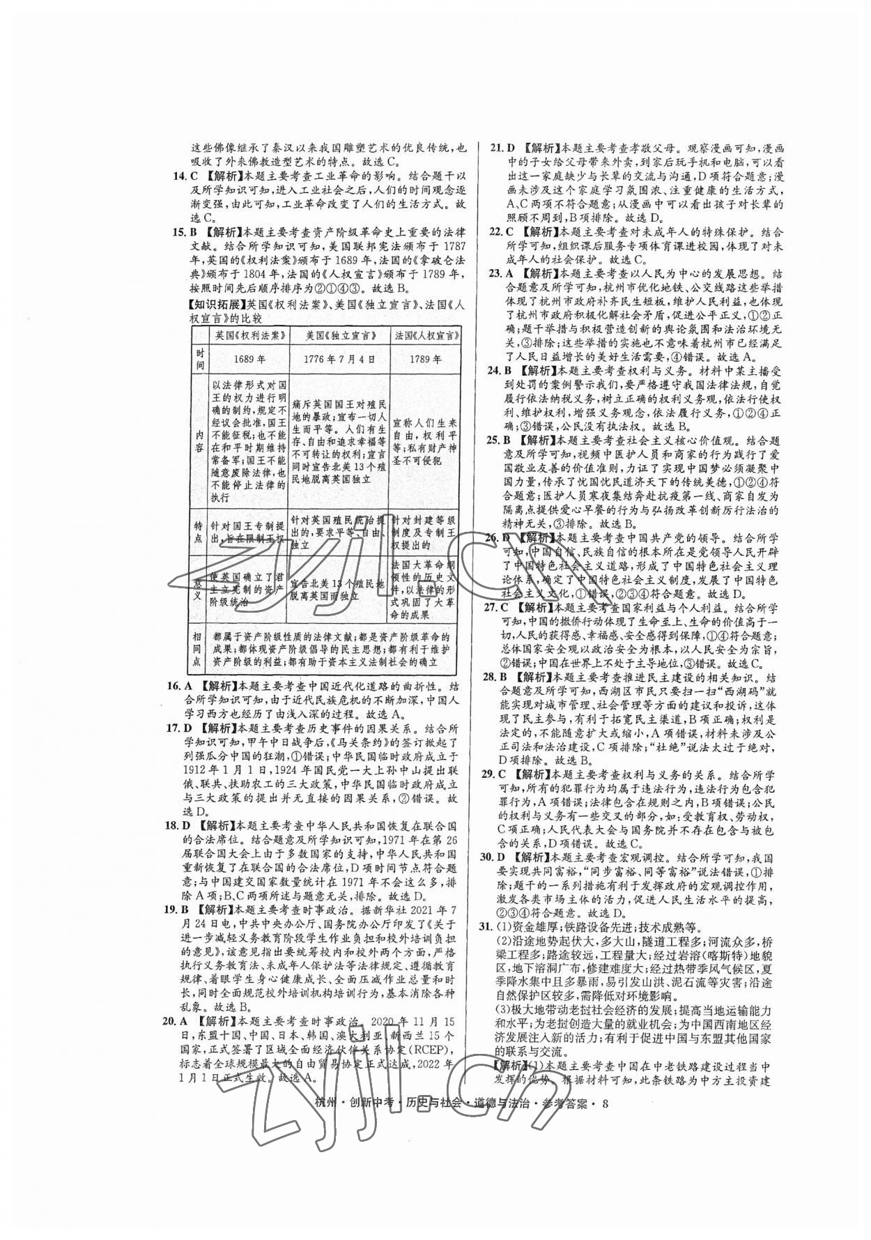2023年創(chuàng)新中考?xì)v史與社會道德與法治杭州專版 參考答案第8頁