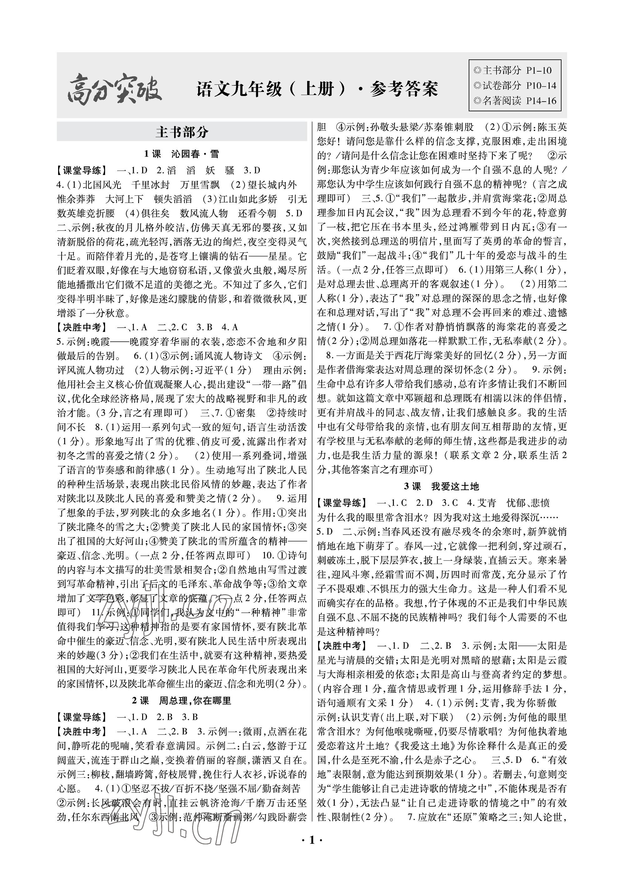 2023年高分突破課時(shí)達(dá)標(biāo)講練測(cè)九年級(jí)語(yǔ)文上冊(cè)人教版 參考答案第1頁(yè)