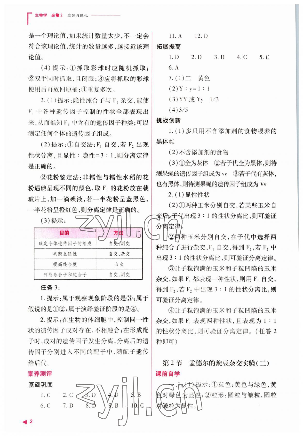 2023年普通高中新課程同步練習冊高中生物必修2人教版 參考答案第2頁