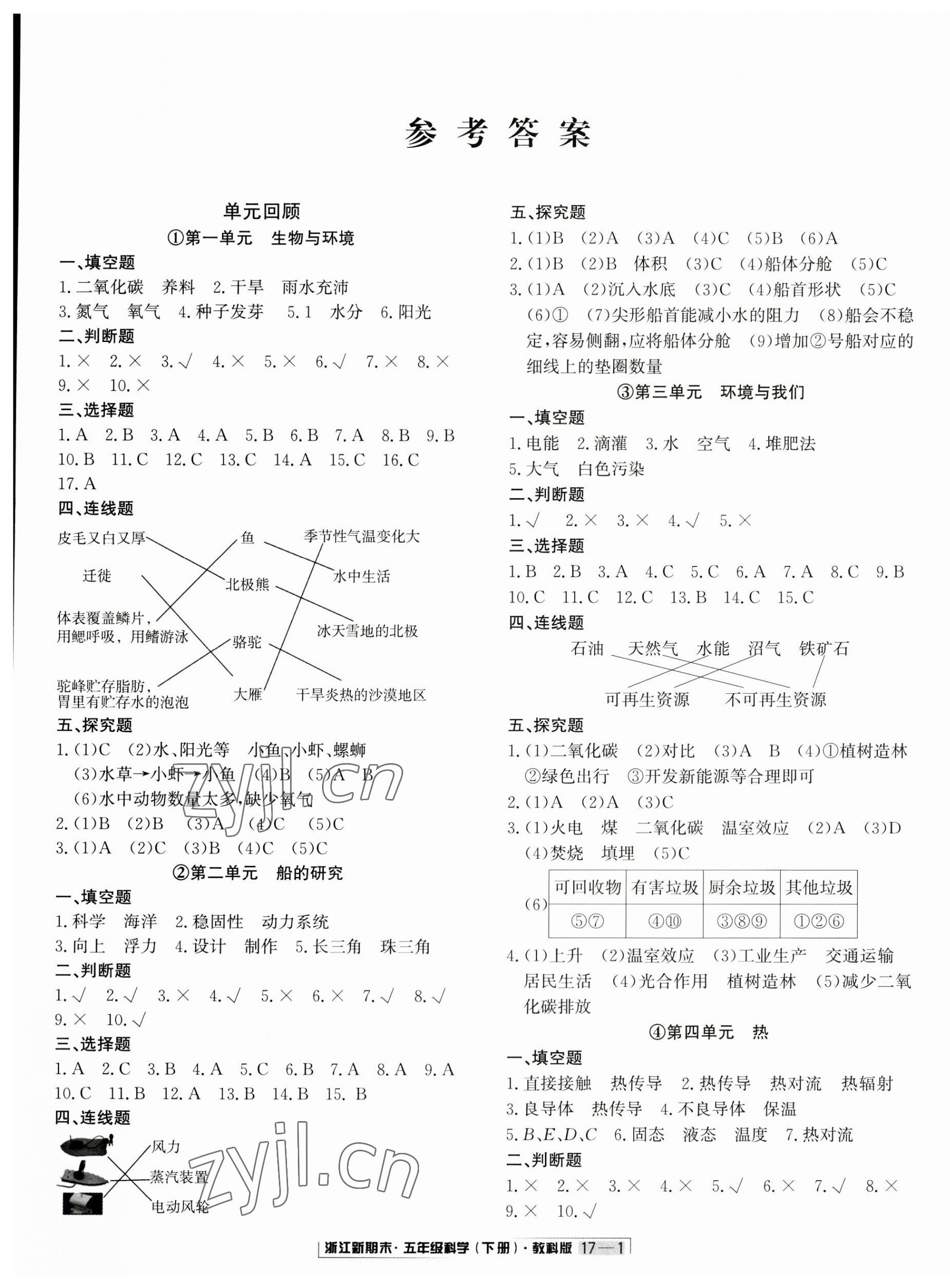 2023年励耘书业浙江新期末五年级科学下册教科版 第1页