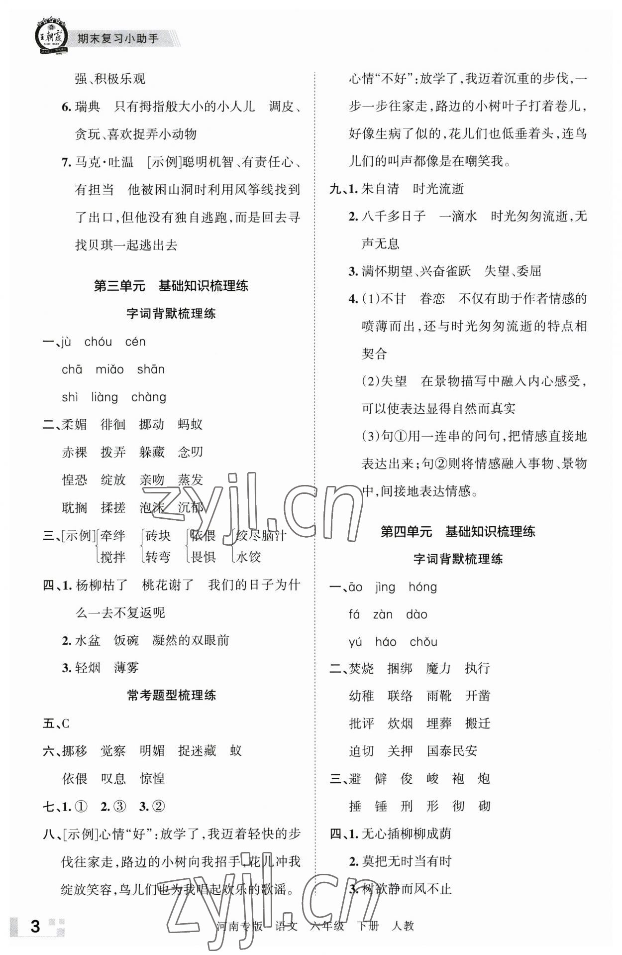 2023年王朝霞各地期末試卷精選六年級語文下冊人教版河南專版 參考答案第3頁