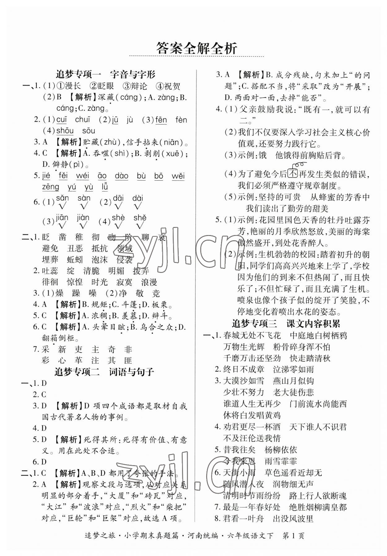 2023年追夢之旅小學(xué)期末真題篇六年級語文下冊人教版河南專版 參考答案第1頁