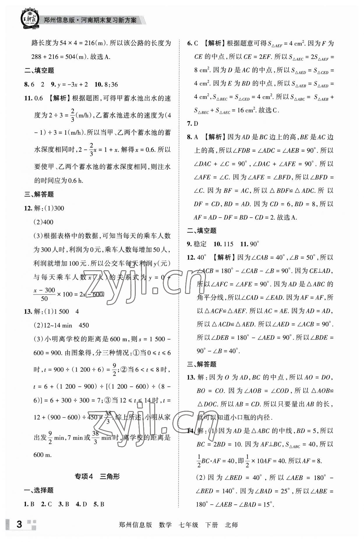 2023年王朝霞期末真題精編七年級數(shù)學下冊北師大版鄭州專版 參考答案第3頁