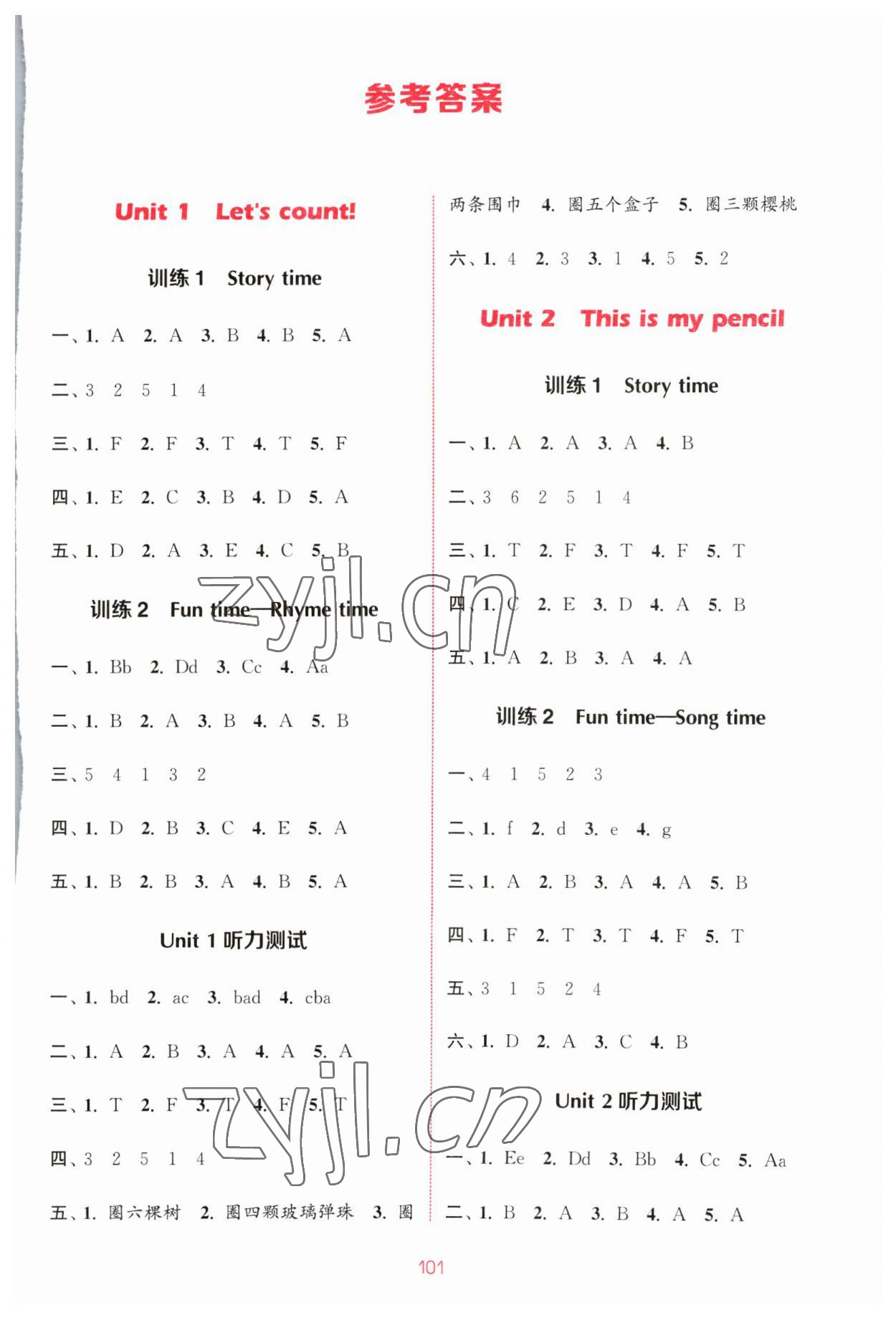 2023年通城學(xué)典小學(xué)英語聽力能手一年級下冊譯林版 參考答案第1頁