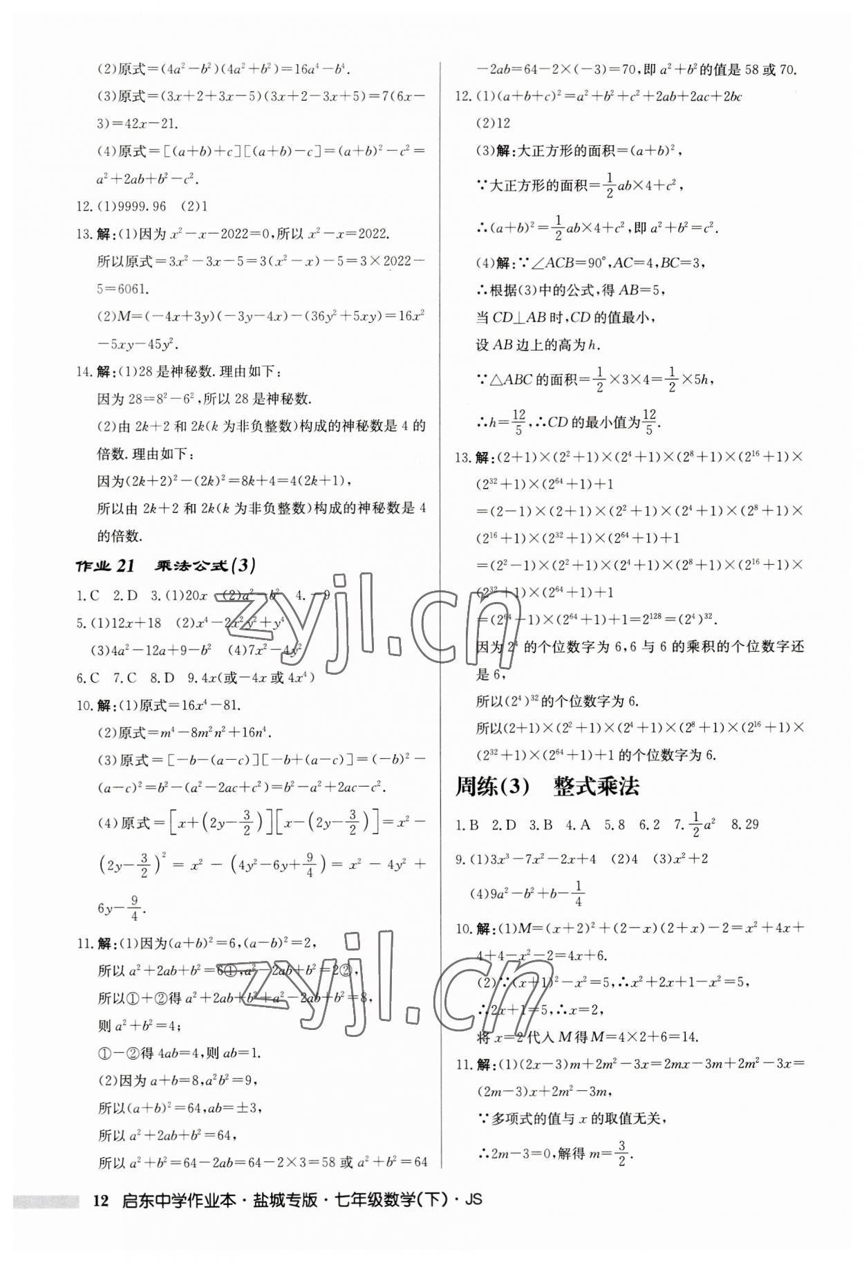 2023年啟東中學(xué)作業(yè)本七年級(jí)數(shù)學(xué)下冊(cè)蘇科版鹽城專版 第12頁(yè)