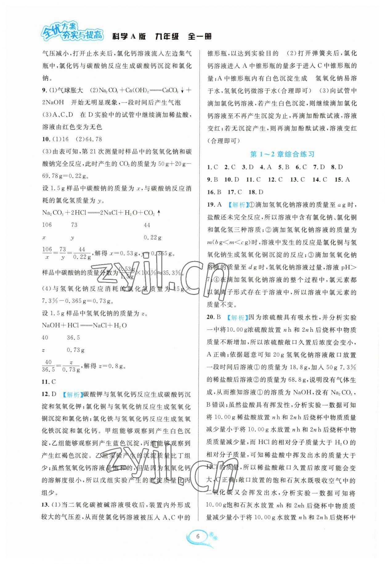 2023年全優(yōu)方案夯實(shí)與提高九年級(jí)科學(xué)全一冊(cè)華師大版 參考答案第6頁