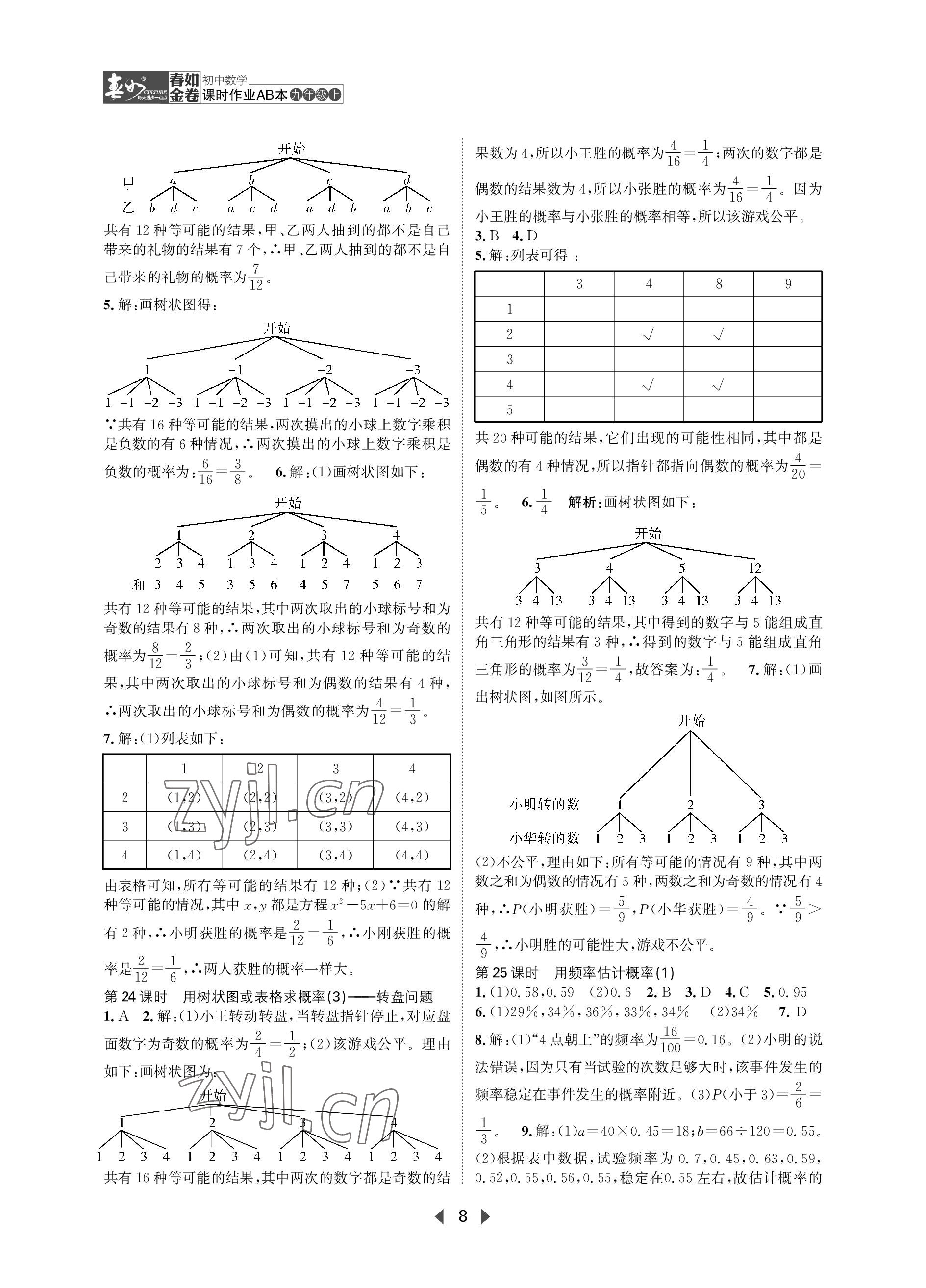 2023年春如金卷課時(shí)作業(yè)AB本九年級數(shù)學(xué)上冊北師大版 參考答案第8頁