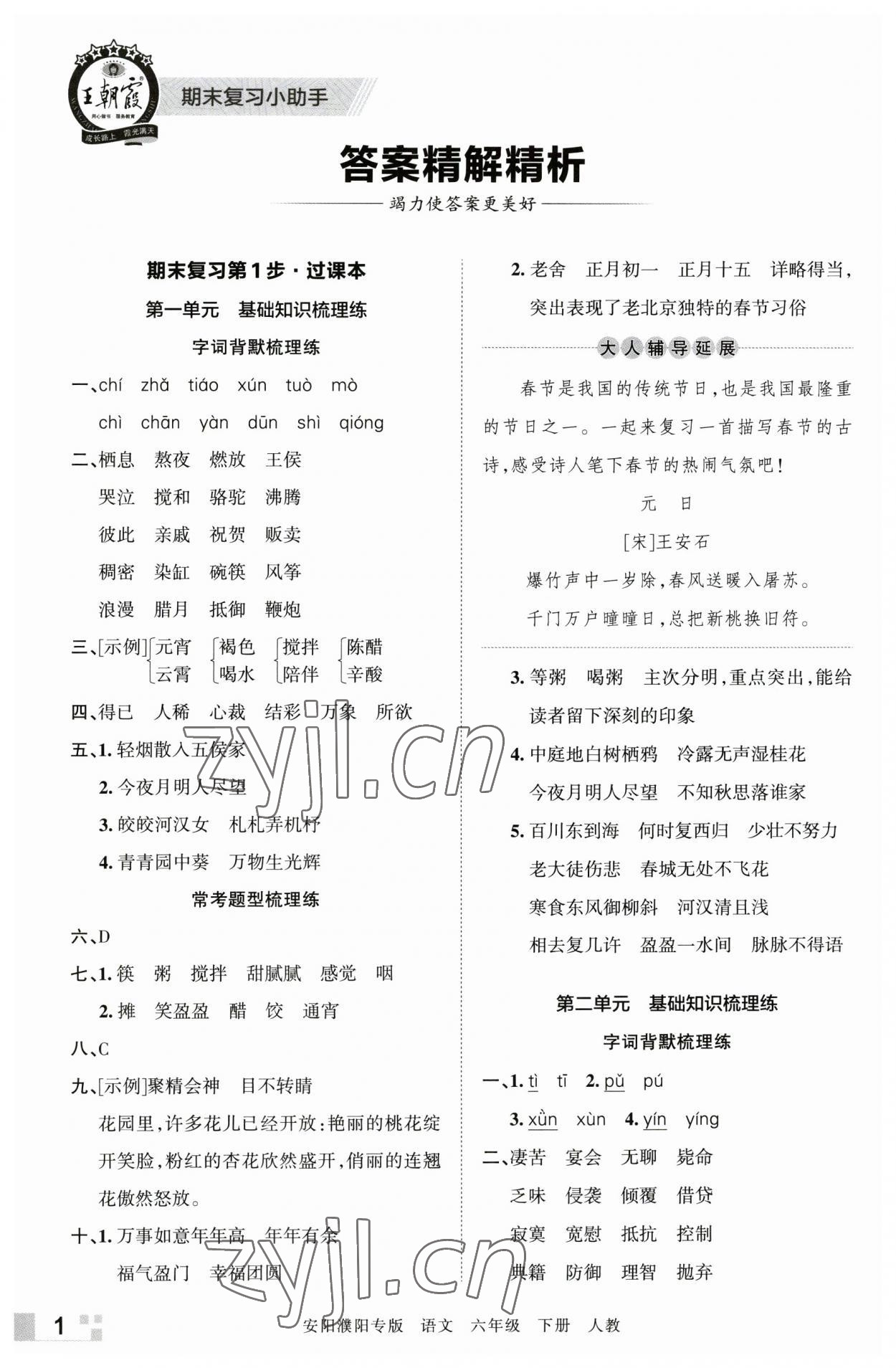 2023年王朝霞期末真題精編六年級語文下冊人教版安濮專版 參考答案第1頁