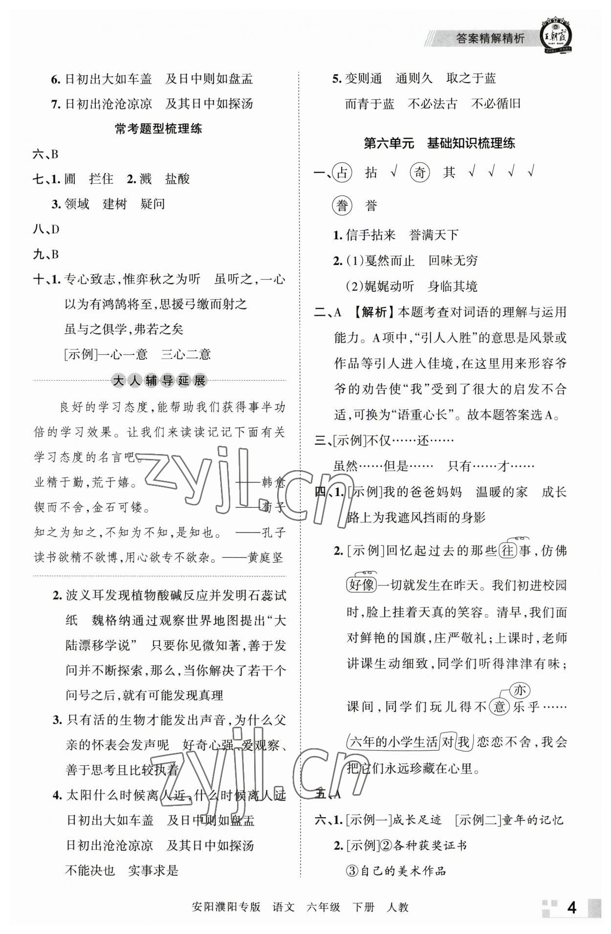 2023年王朝霞期末真題精編六年級(jí)語(yǔ)文下冊(cè)人教版安濮專(zhuān)版 參考答案第4頁(yè)