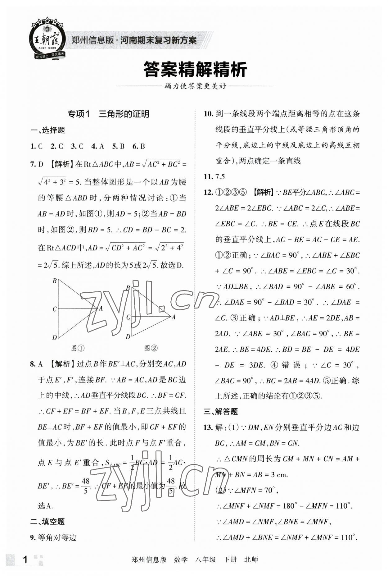 2023年王朝霞期末真題精編八年級數(shù)學(xué)下冊北師大版鄭州專版 參考答案第1頁