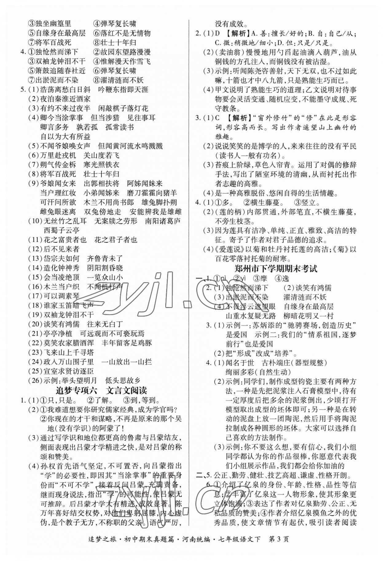 2023年追夢(mèng)之旅初中期末真題篇七年級(jí)語(yǔ)文下冊(cè)人教版河南專(zhuān)版 參考答案第3頁(yè)