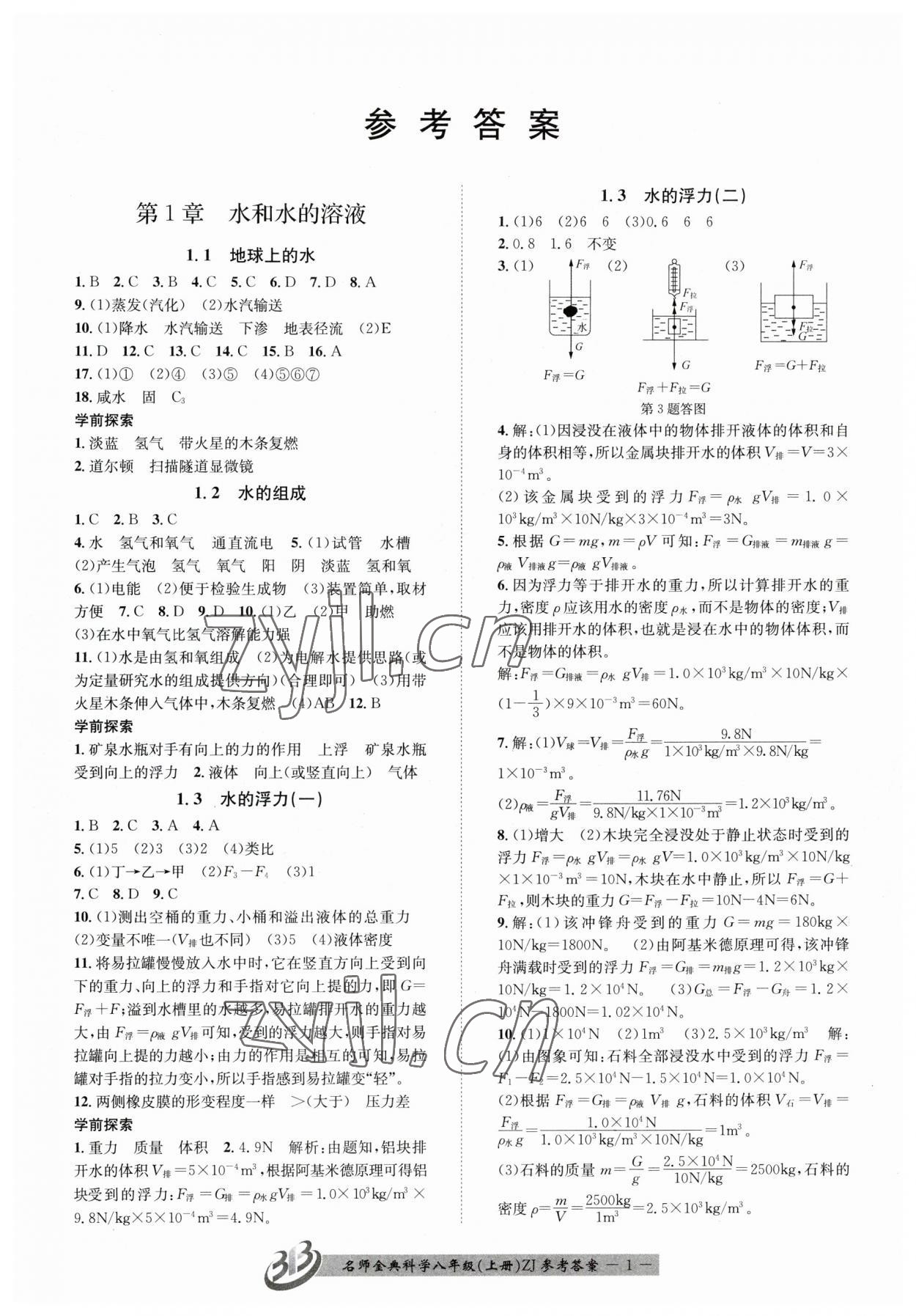 2023年名師金典BFB初中課時(shí)優(yōu)化八年級(jí)科學(xué)上冊(cè)浙教版 參考答案第1頁(yè)