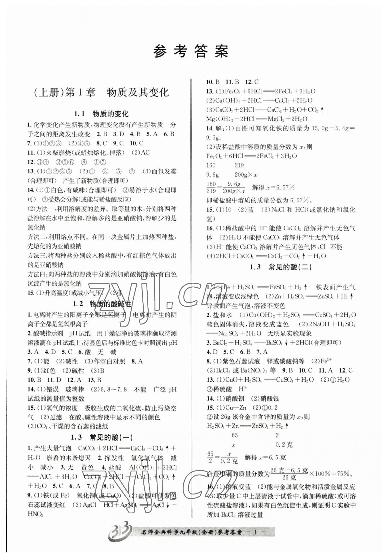 2023年名師金典BFB初中課時優(yōu)化九年級科學全一冊浙教版 參考答案第1頁