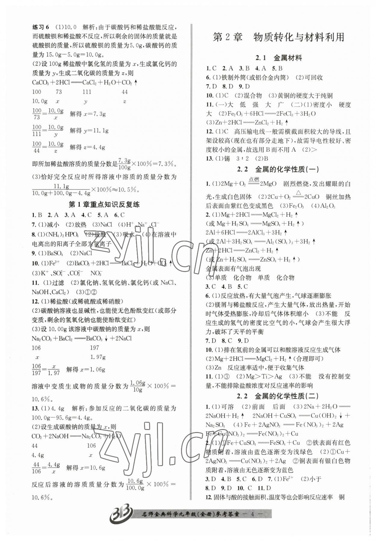 2023年名師金典BFB初中課時優(yōu)化九年級科學(xué)全一冊浙教版 參考答案第4頁