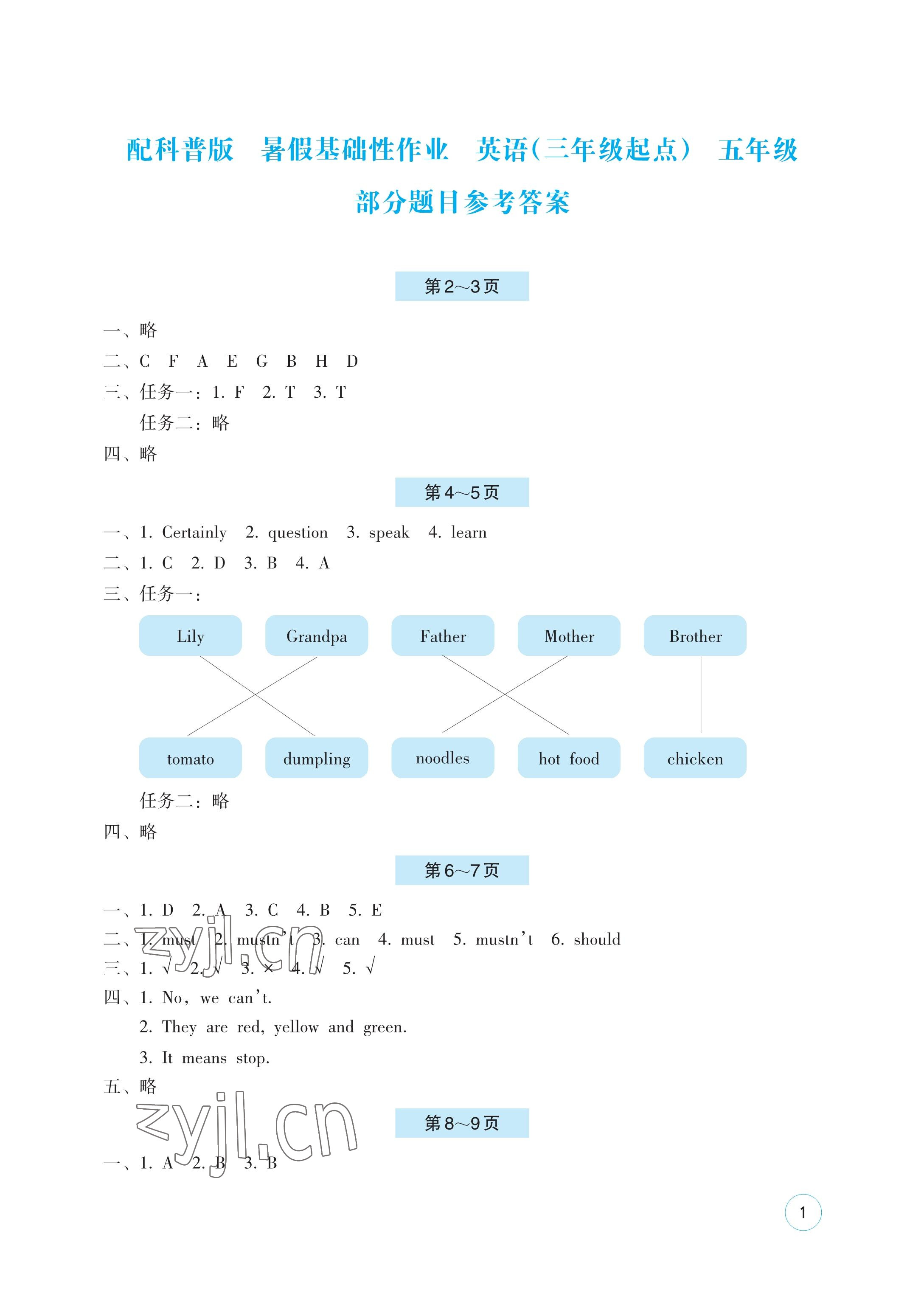 2023年暑假基礎(chǔ)性作業(yè)五年級(jí)英語科普版 參考答案第1頁