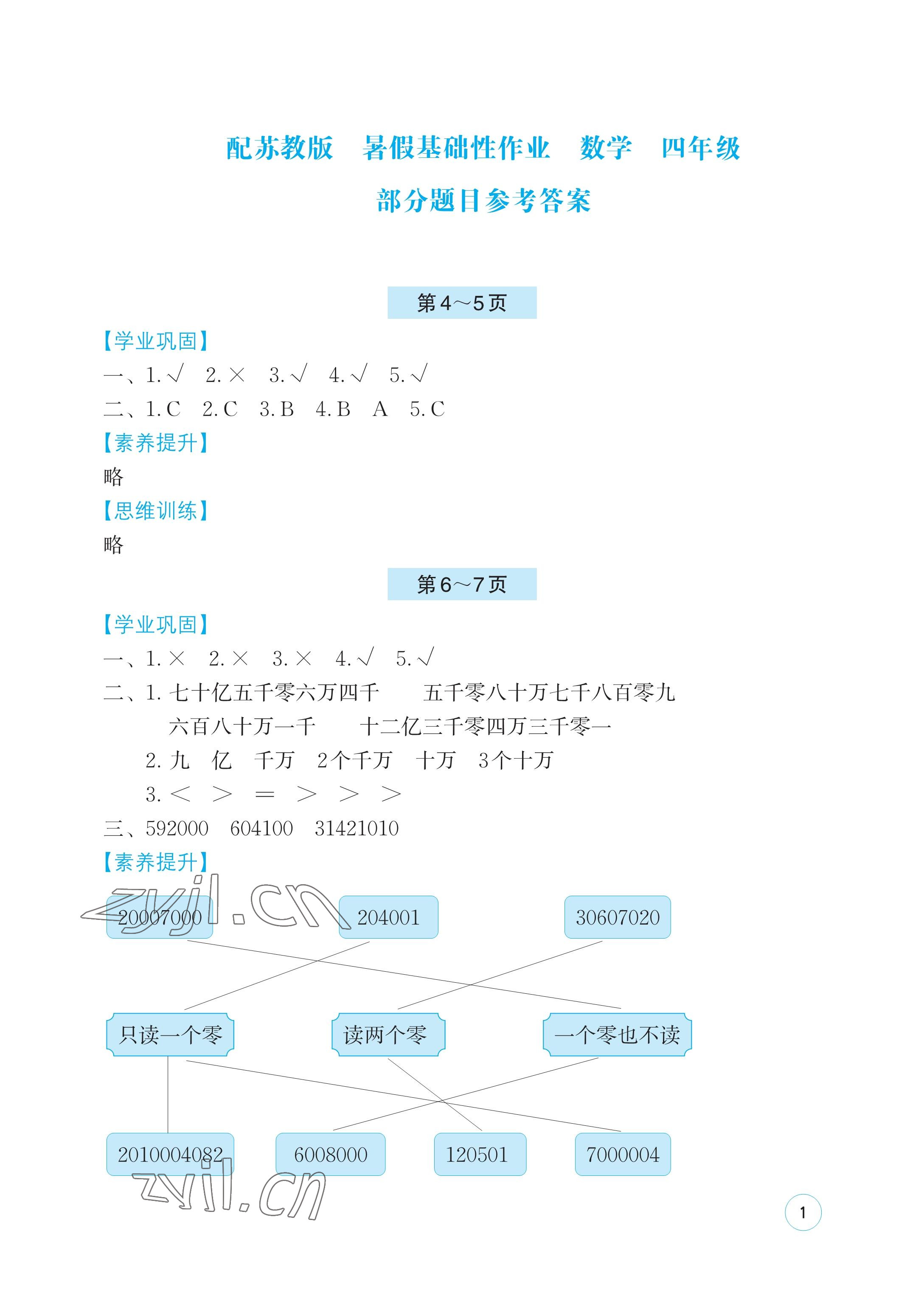 2023年暑假基礎(chǔ)性作業(yè)四年級(jí)數(shù)學(xué)蘇教版 參考答案第1頁