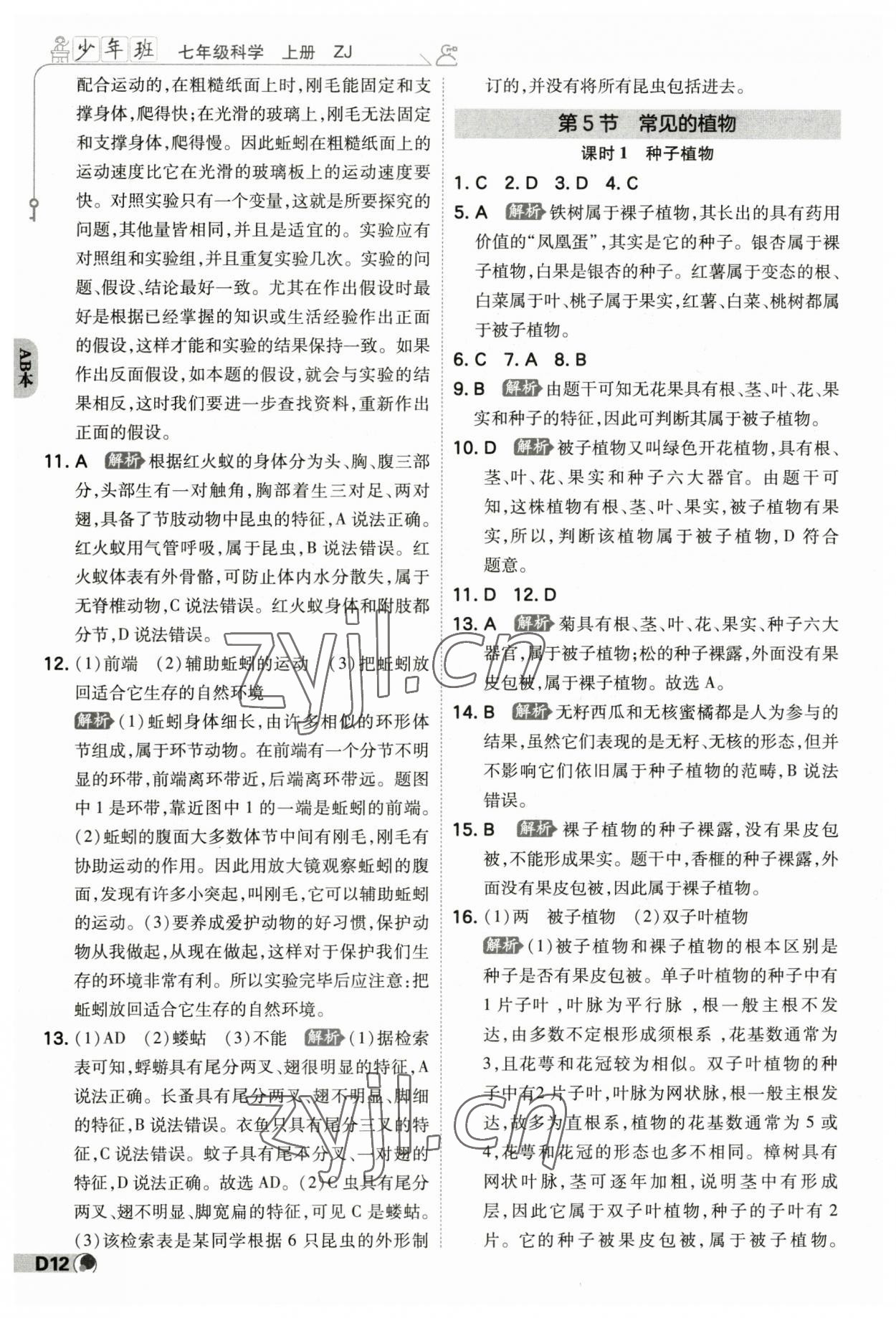 2023年少年班七年級科學上冊浙教版 參考答案第11頁