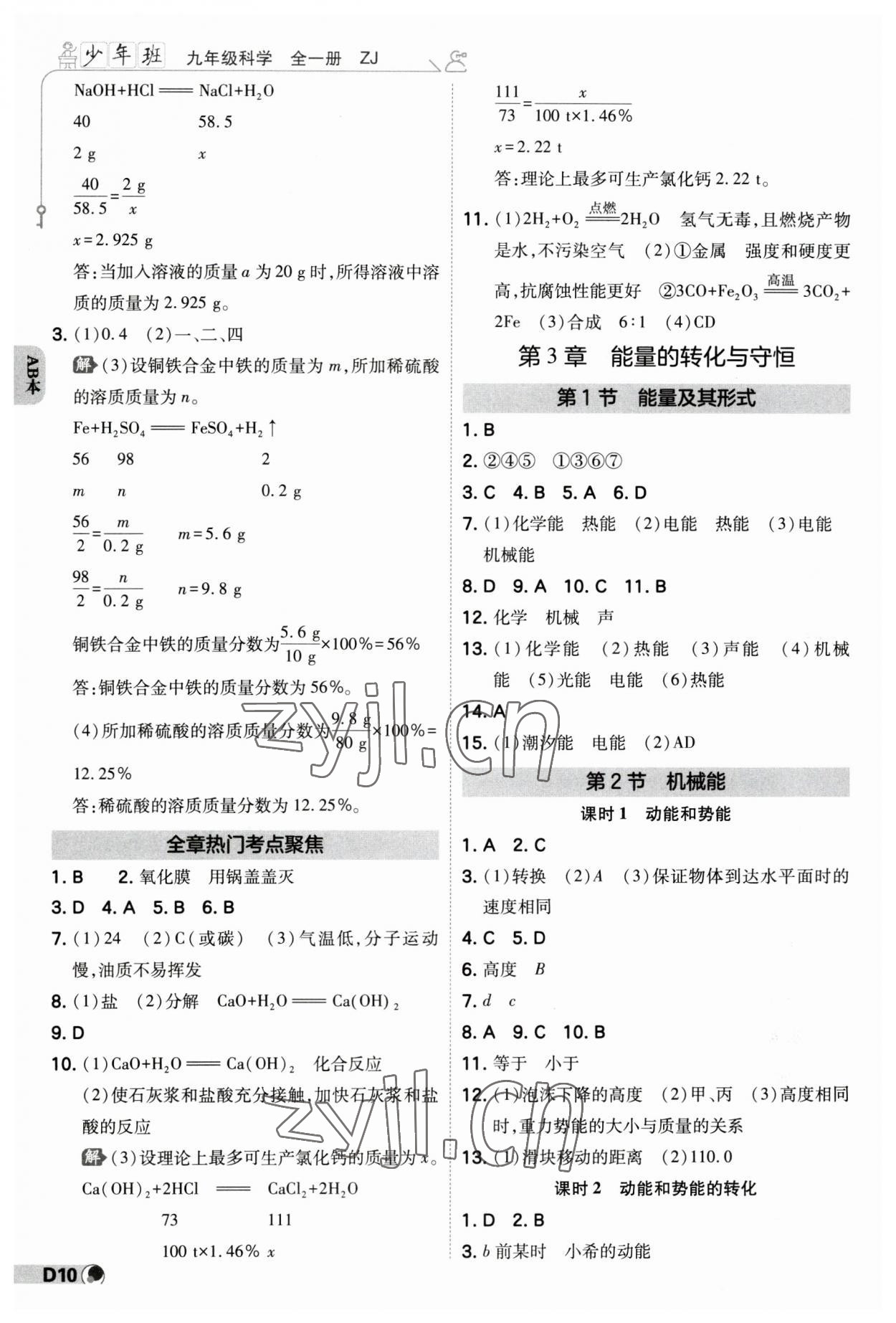 2023年少年班九年級科學全一冊浙教版 參考答案第9頁