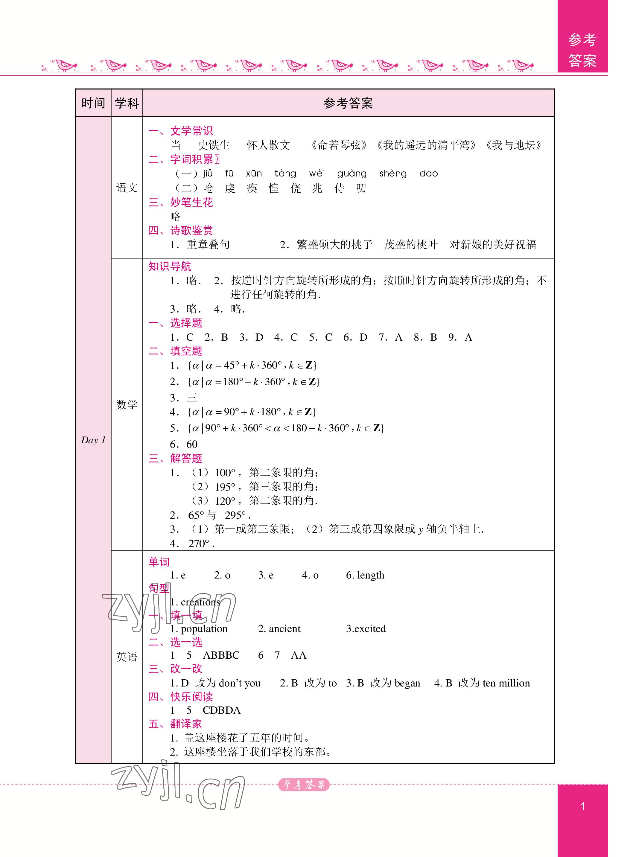 2023年名师领航系列中职生一年级暑假作业 参考答案第1页