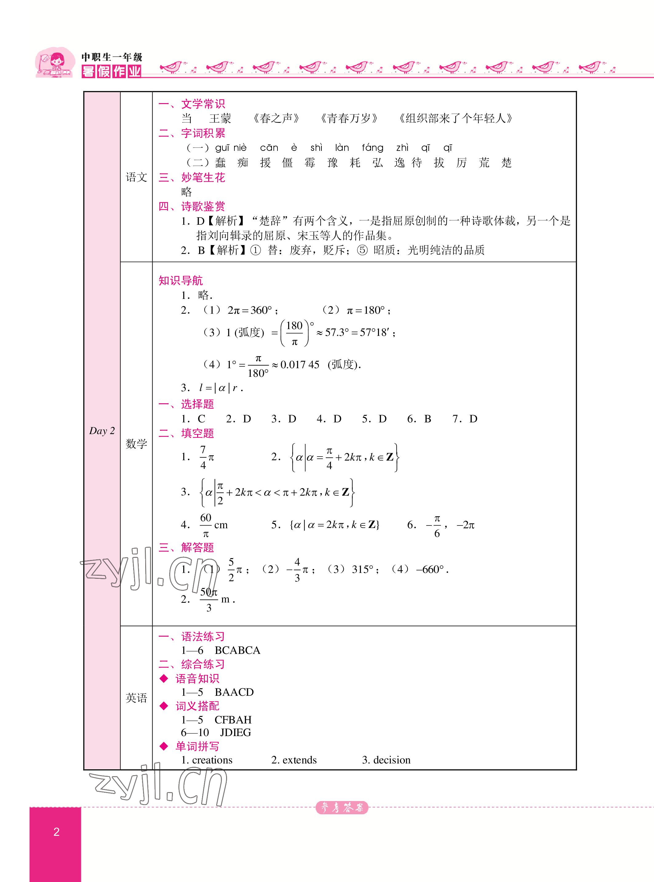 2023年名师领航系列中职生一年级暑假作业 参考答案第2页