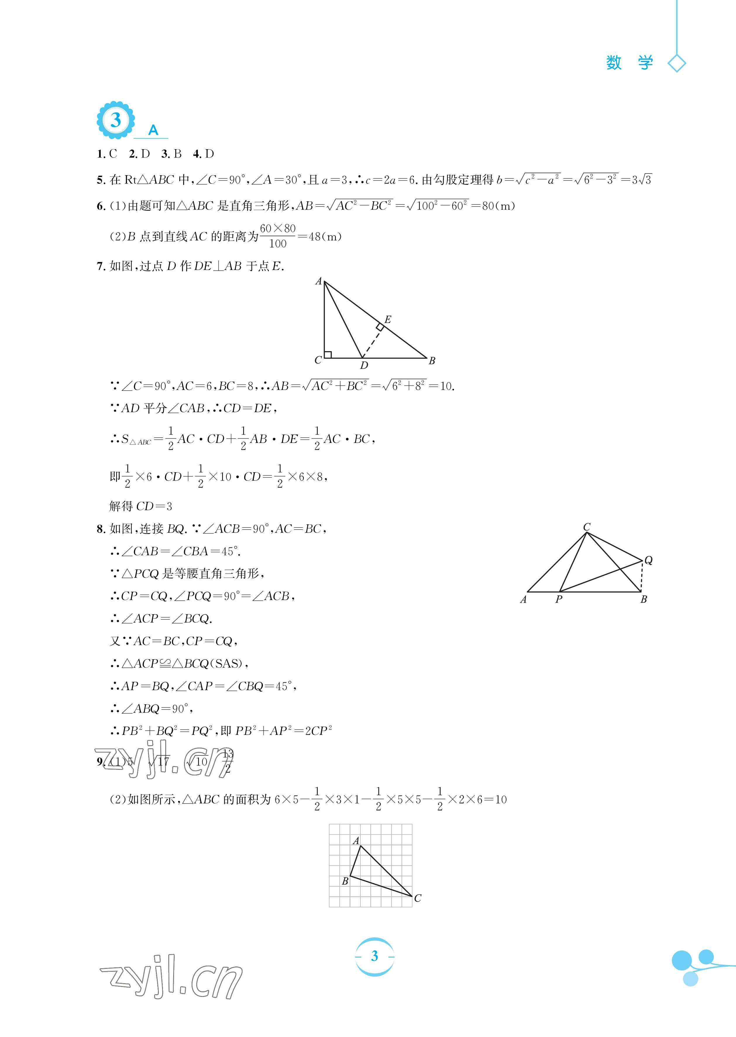 2023年暑假作业安徽教育出版社八年级数学人教版 参考答案第3页