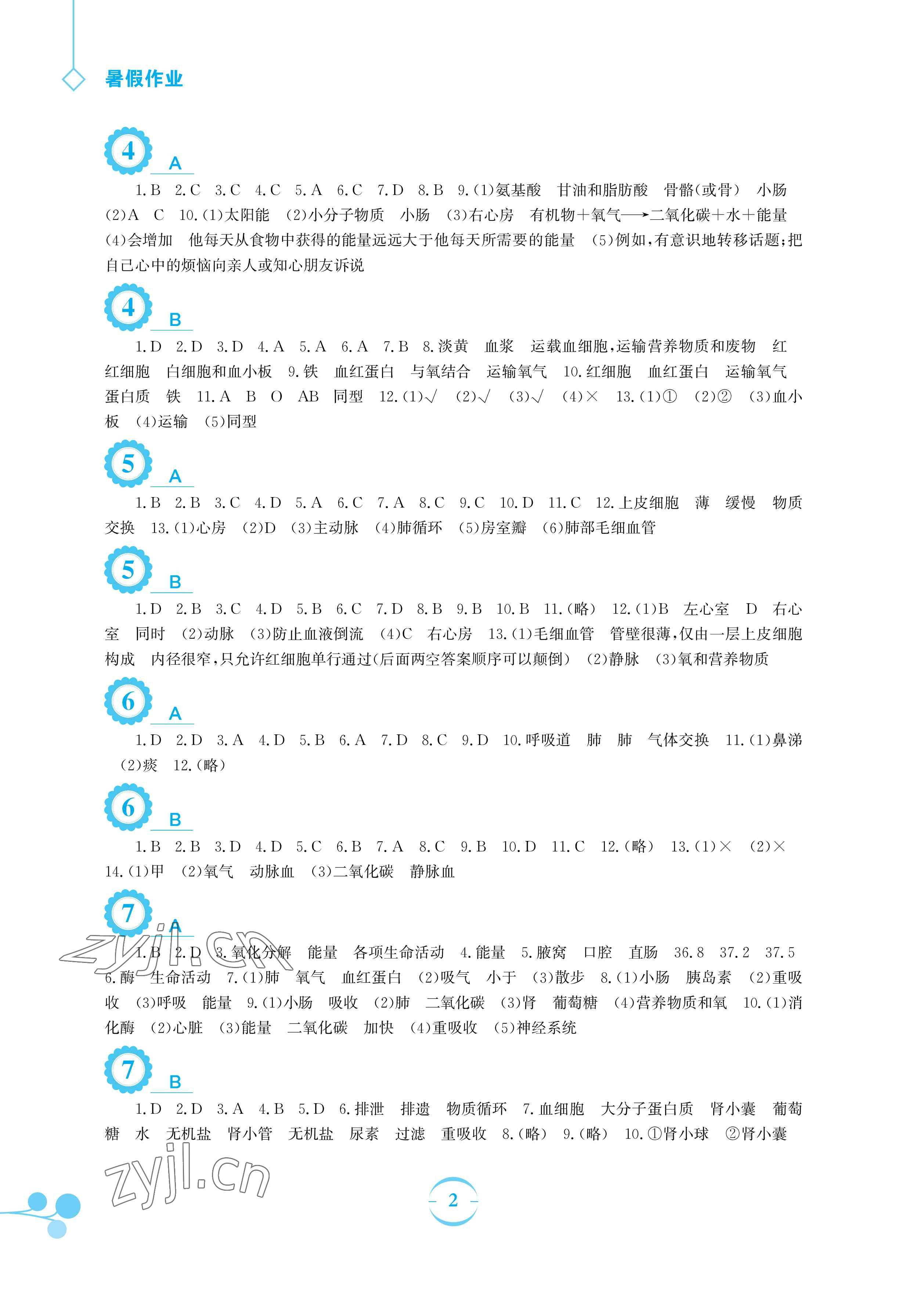 2023年暑假作业安徽教育出版社七年级生物苏教版 参考答案第2页