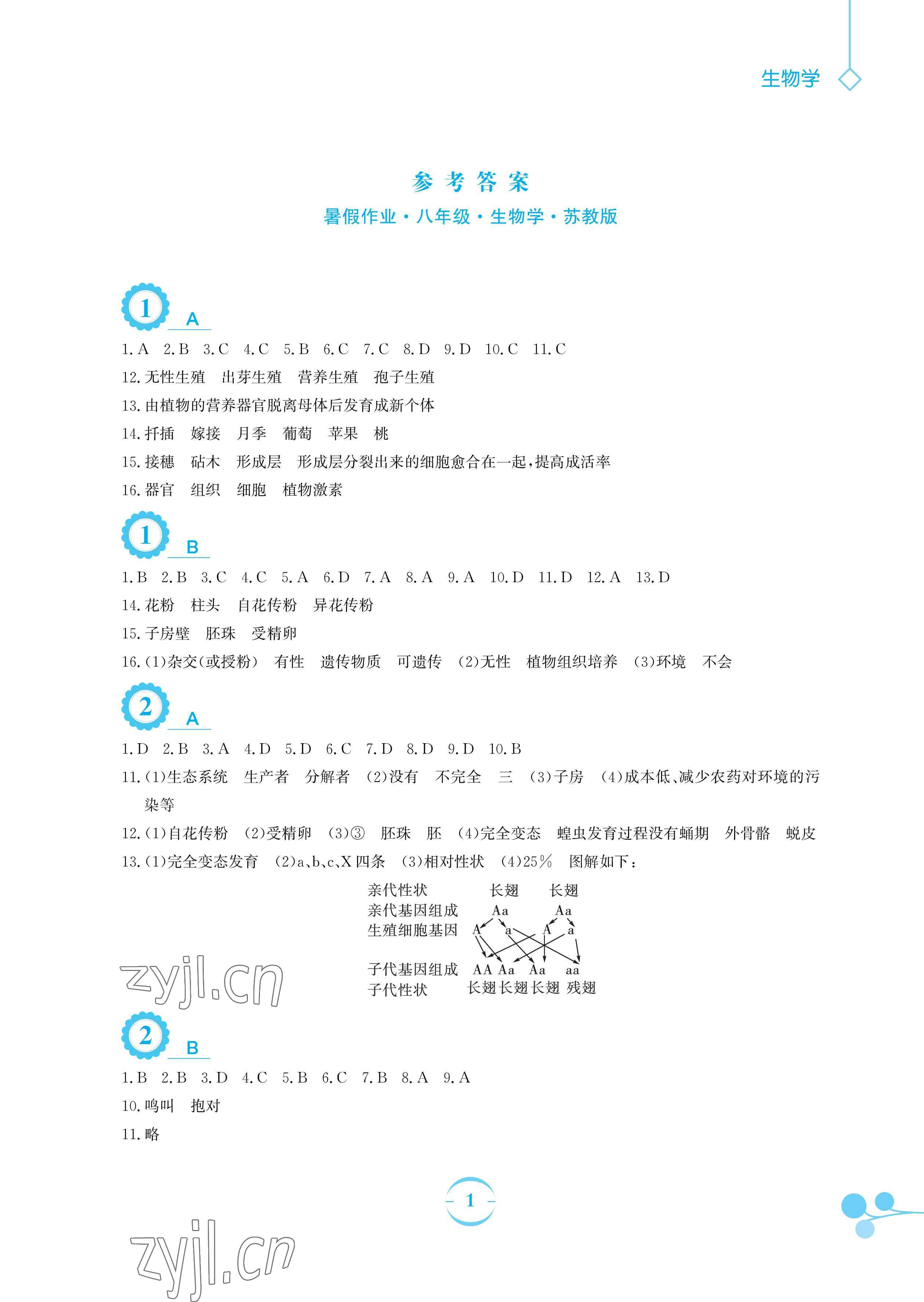 2023年暑假作业安徽教育出版社八年级生物苏教版 参考答案第1页