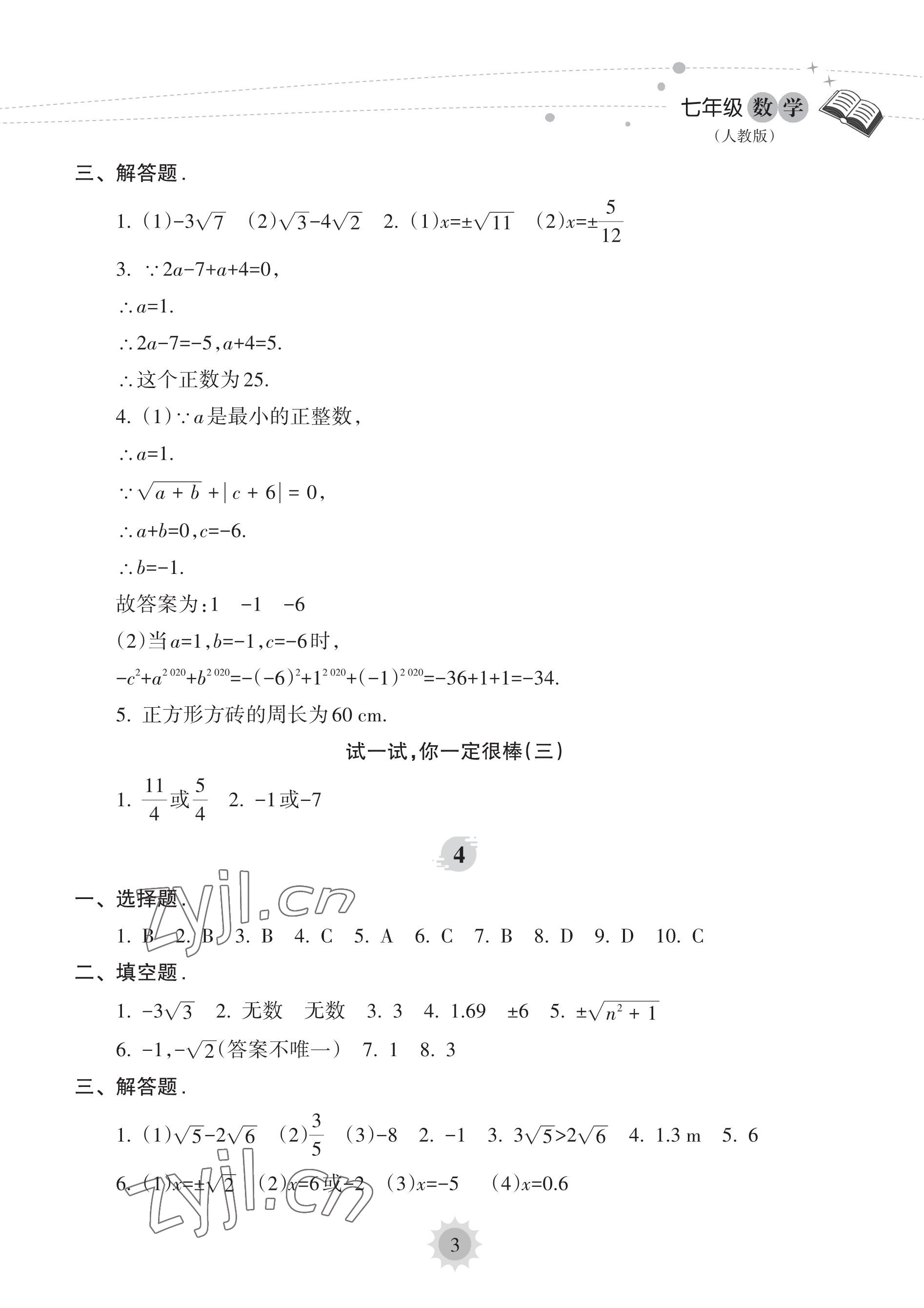 2023年暑假樂園海南出版社七年級(jí)數(shù)學(xué)人教版 參考答案第3頁(yè)