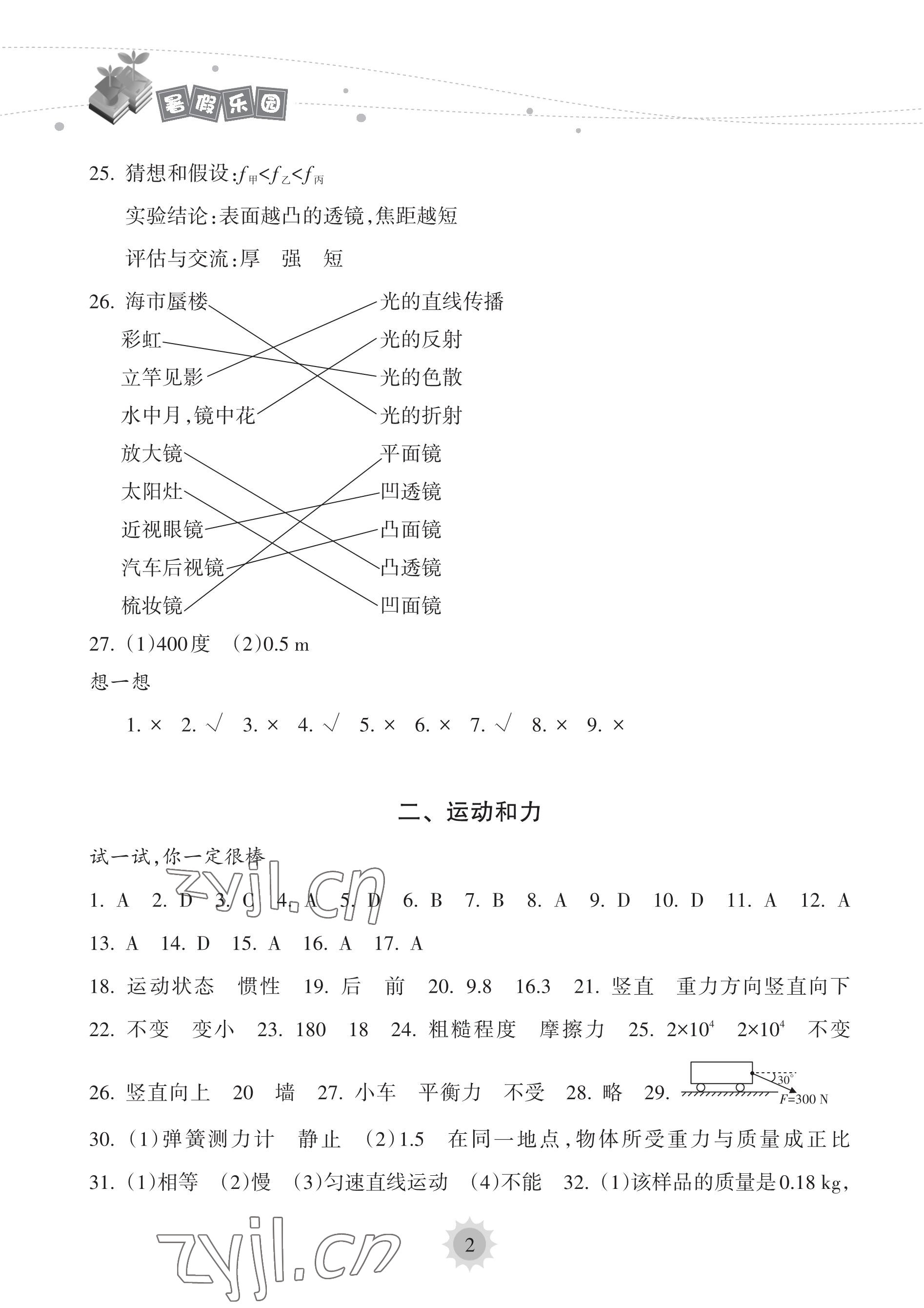 2023年暑假乐园海南出版社八年级物理人教版 参考答案第2页