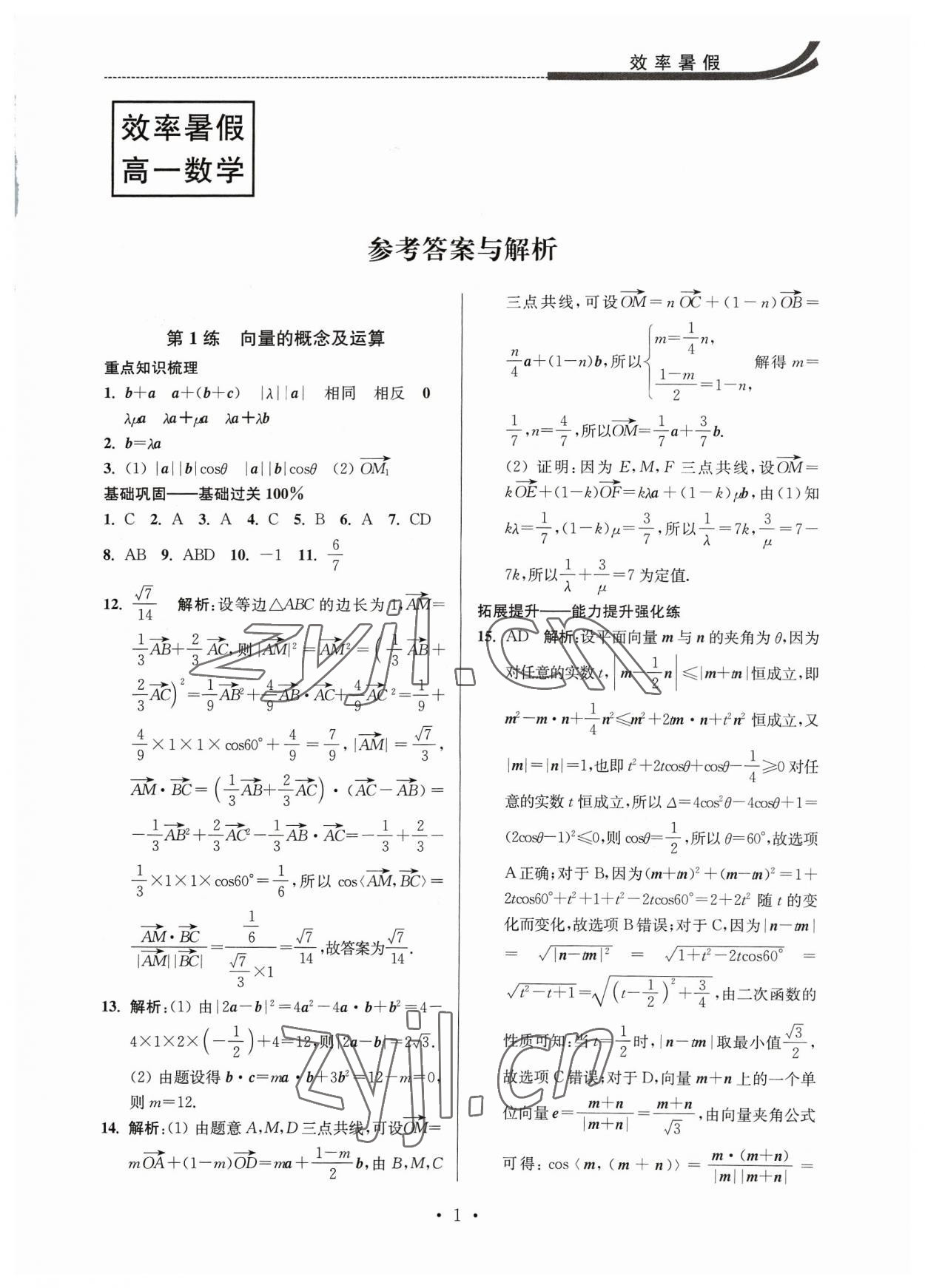 2023年效率暑假江苏人民出版社高一数学 第1页