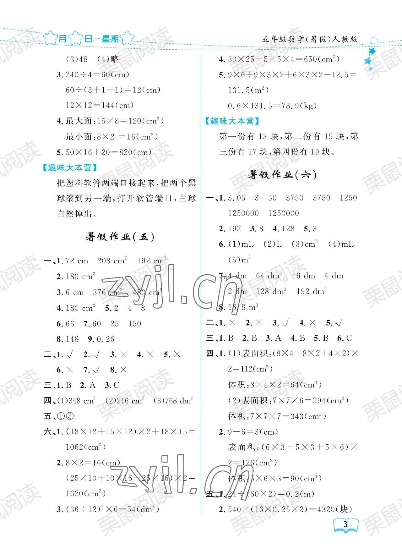 2023年陽光假日暑假五年級數(shù)學人教版 參考答案第3頁