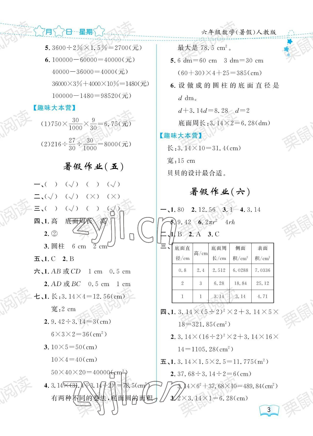 2023年阳光假日暑假六年级数学人教版 参考答案第3页