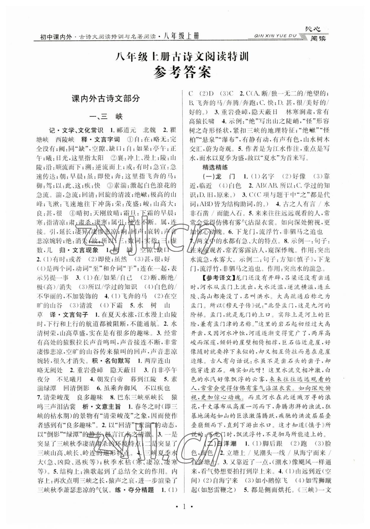 2023年初中課內(nèi)外古詩文閱讀特訓(xùn)加名著閱讀八年級上冊人教版 第1頁