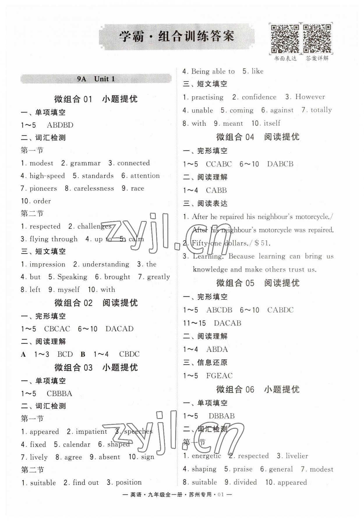 2023年學(xué)霸組合訓(xùn)練九年級英語全一冊譯林版蘇州專用 第1頁