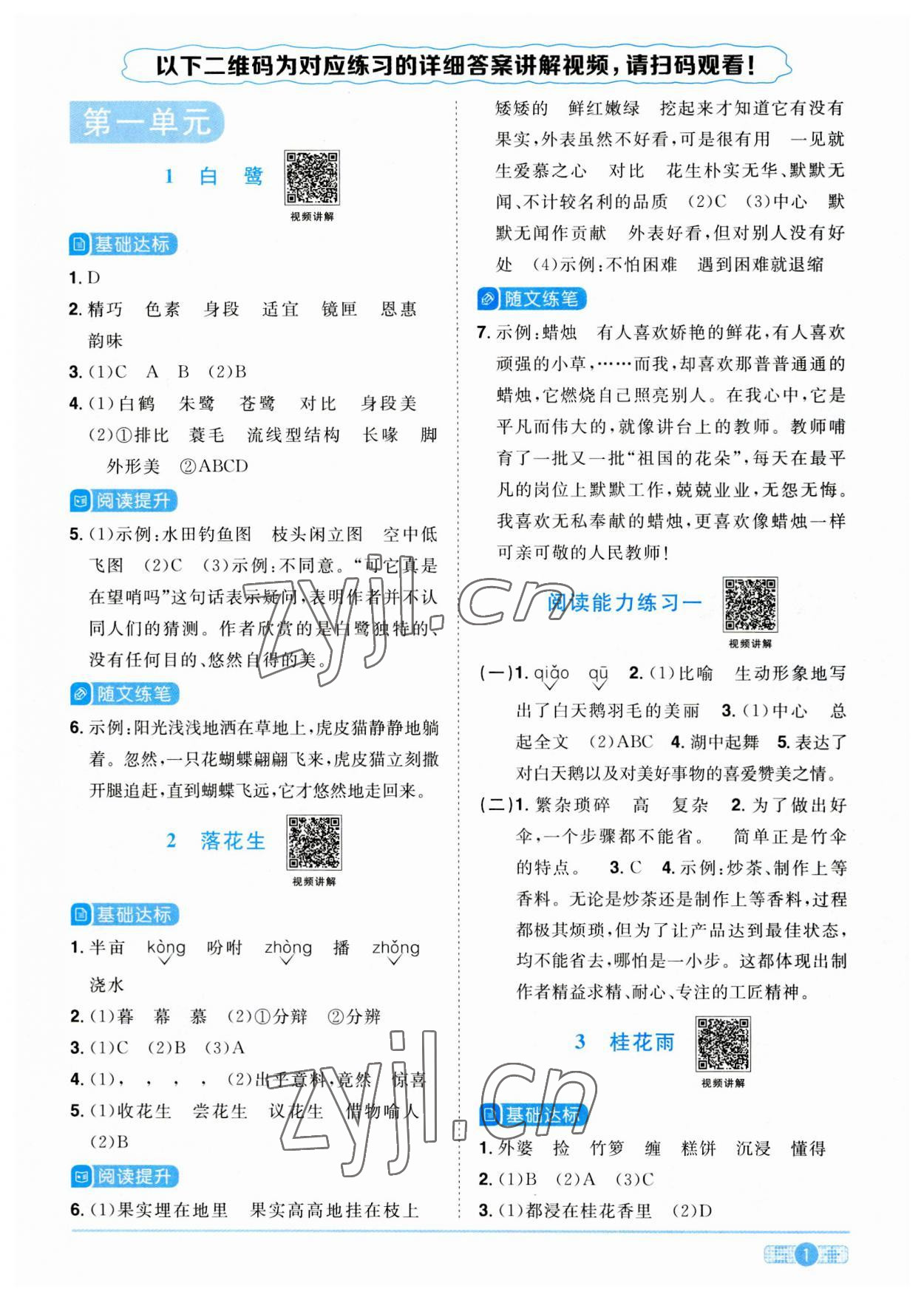 2023年阳光同学课时优化作业五年级语文上册人教版 参考答案第1页