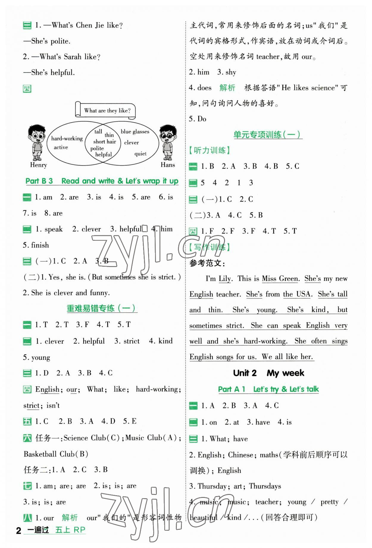 2023年一遍過五年級(jí)英語上冊(cè)人教版 參考答案第2頁