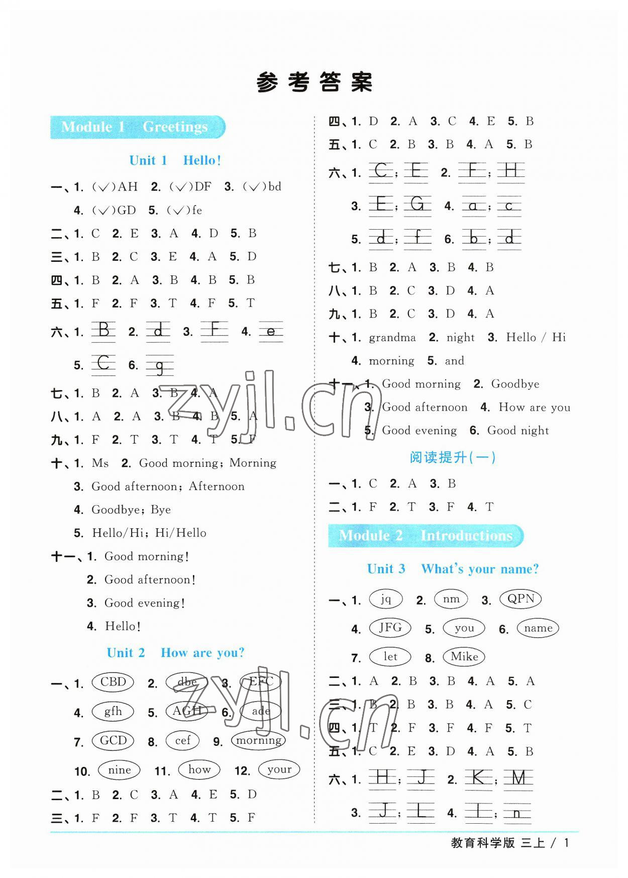 2023年陽光同學課時優(yōu)化作業(yè)三年級英語上冊教科版廣州專版 參考答案第1頁