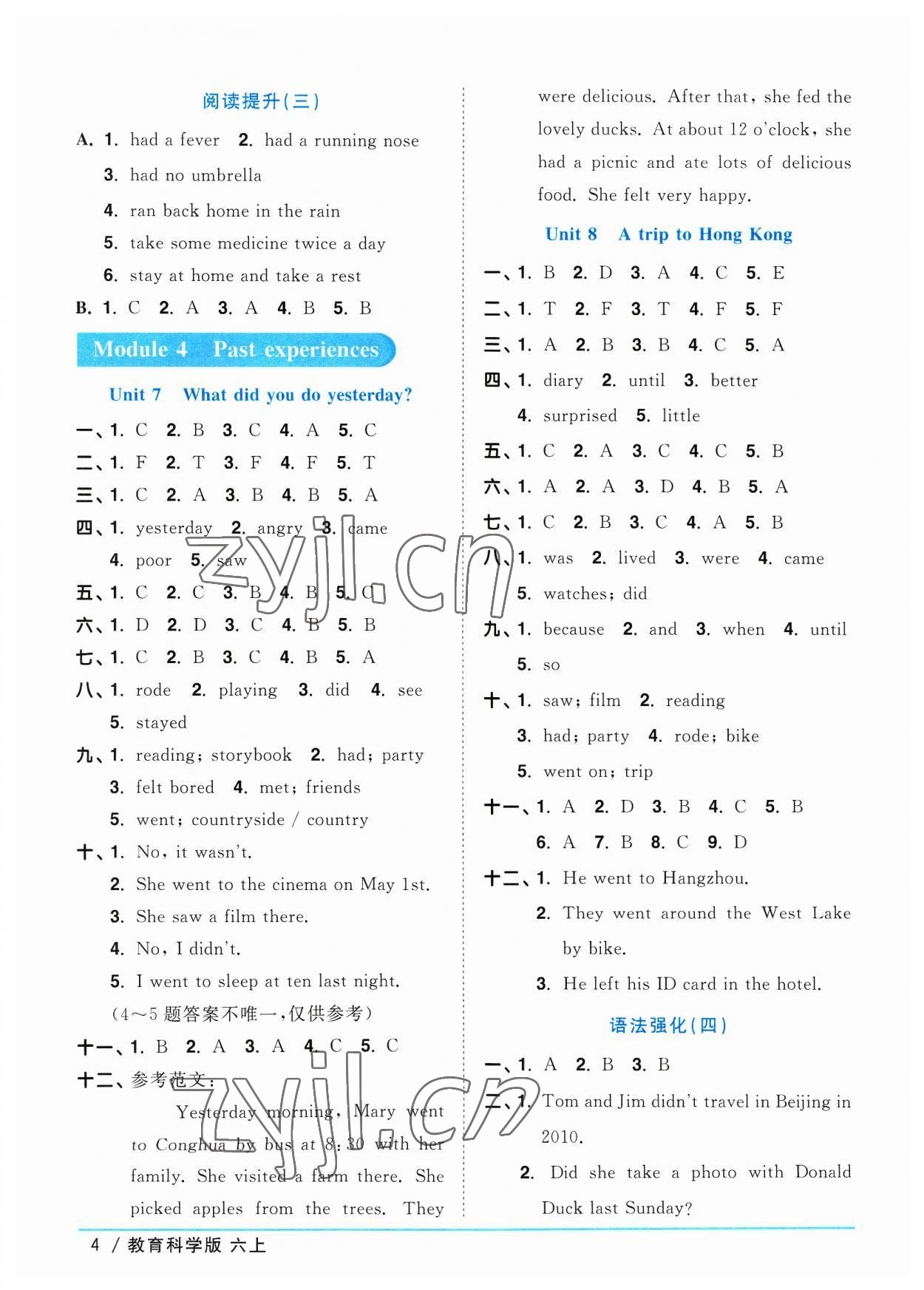 2023年陽光同學課時優(yōu)化作業(yè)六年級英語上冊教科版廣州專版 參考答案第4頁