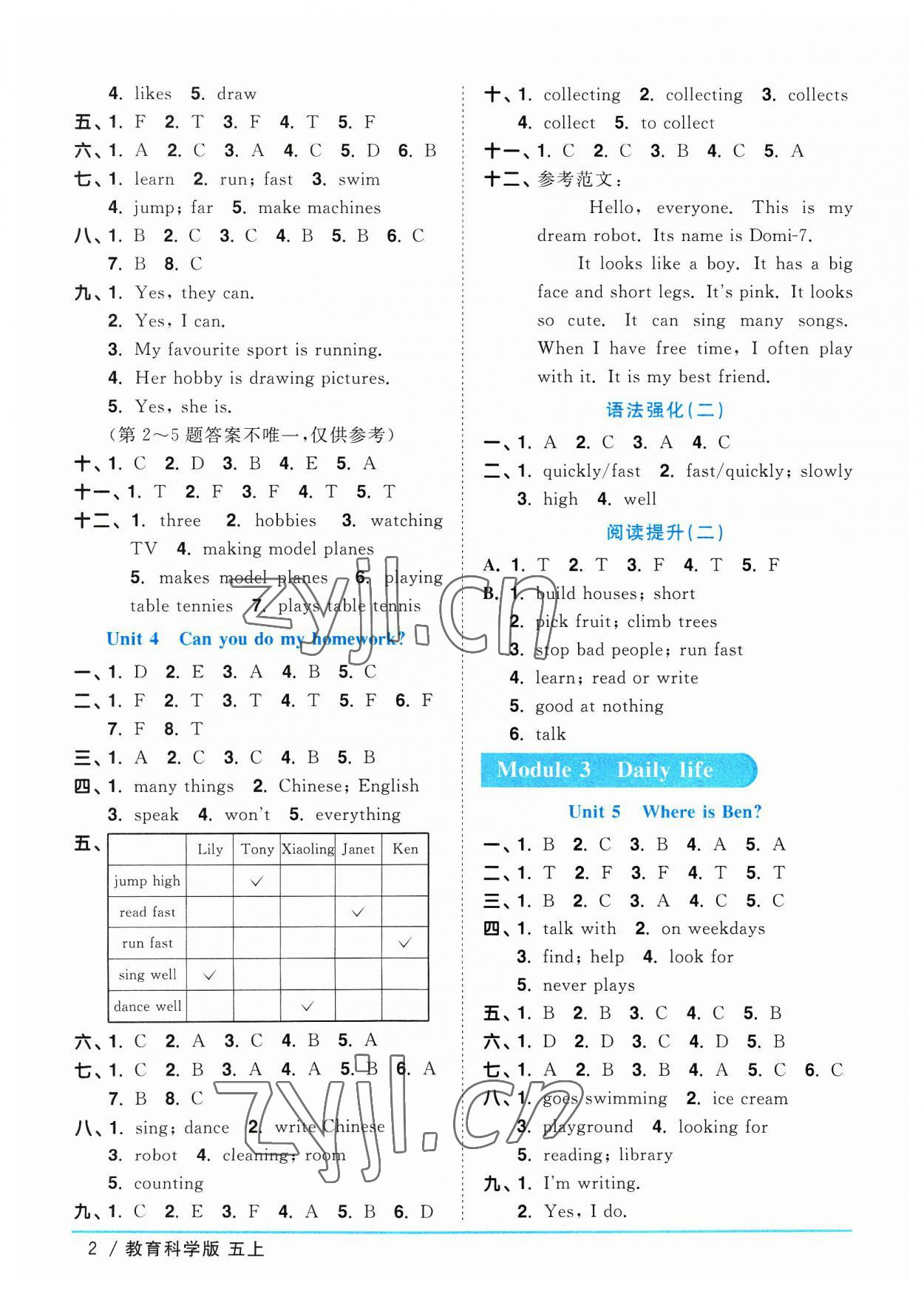 2023年陽光同學(xué)課時優(yōu)化作業(yè)五年級英語上冊教科版廣州專版 參考答案第2頁