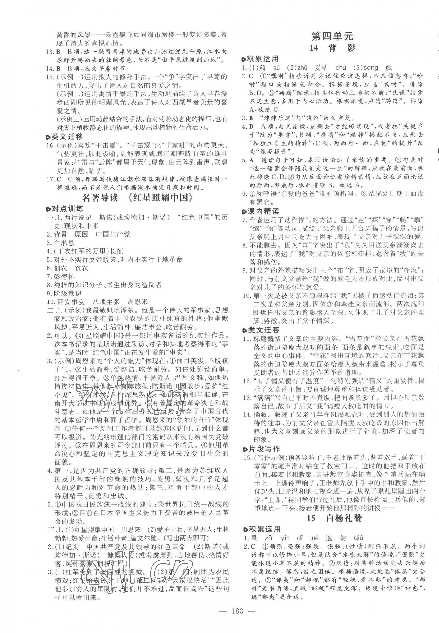 2023年練案八年級(jí)語文上冊人教版五四制煙臺(tái)專版 參考答案第7頁