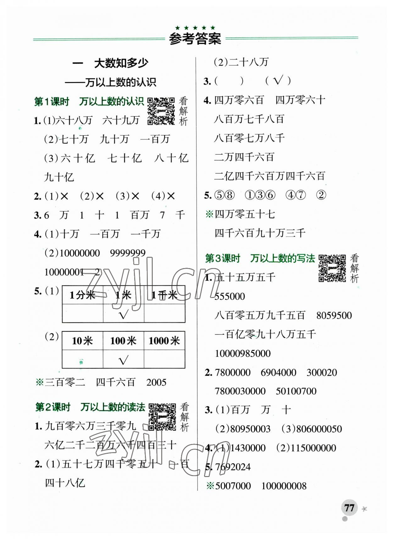 2023年小學(xué)學(xué)霸作業(yè)本四年級數(shù)學(xué)上冊青島版山東專版 參考答案第1頁