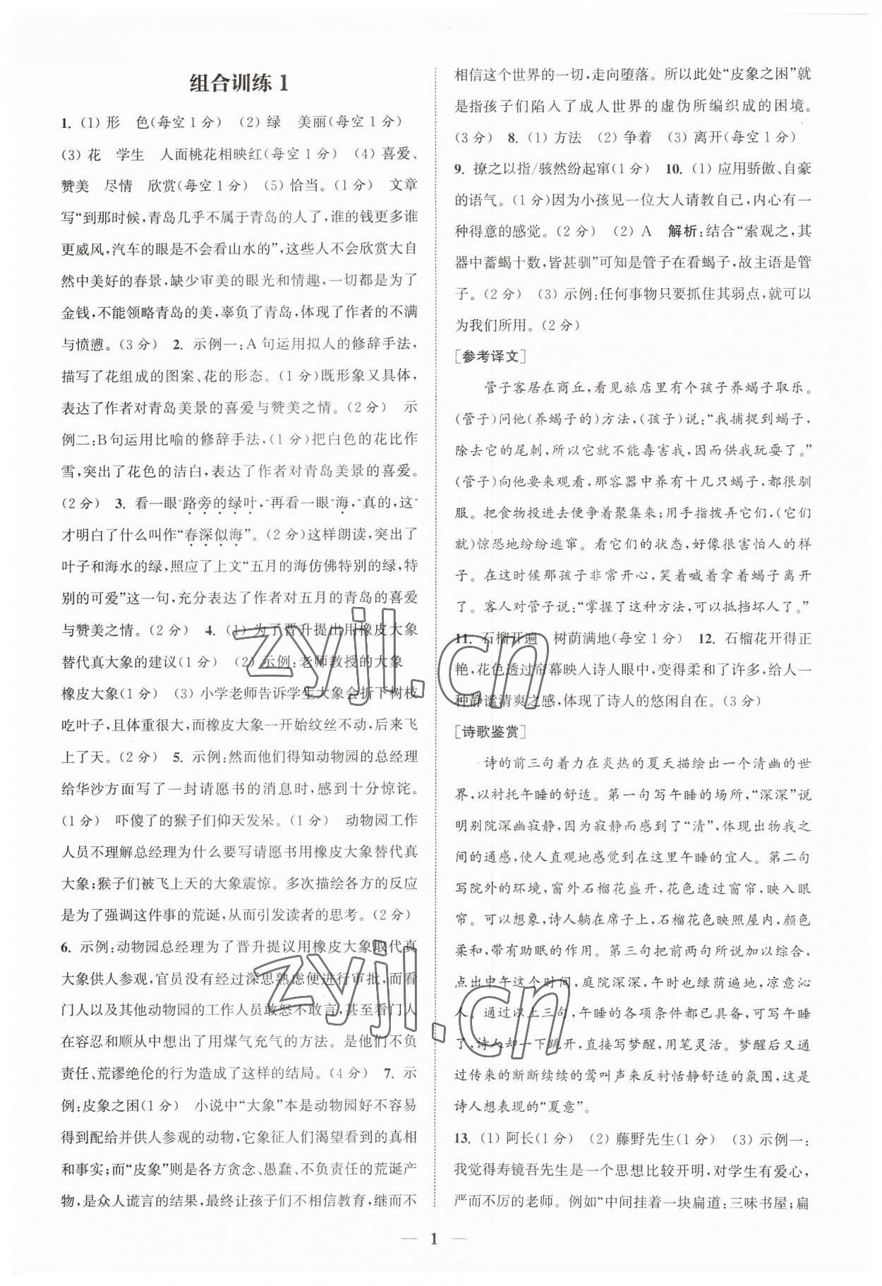 2023年通城学典初中语文阅读组合训练七年级语文上册浙江专版 参考答案第1页