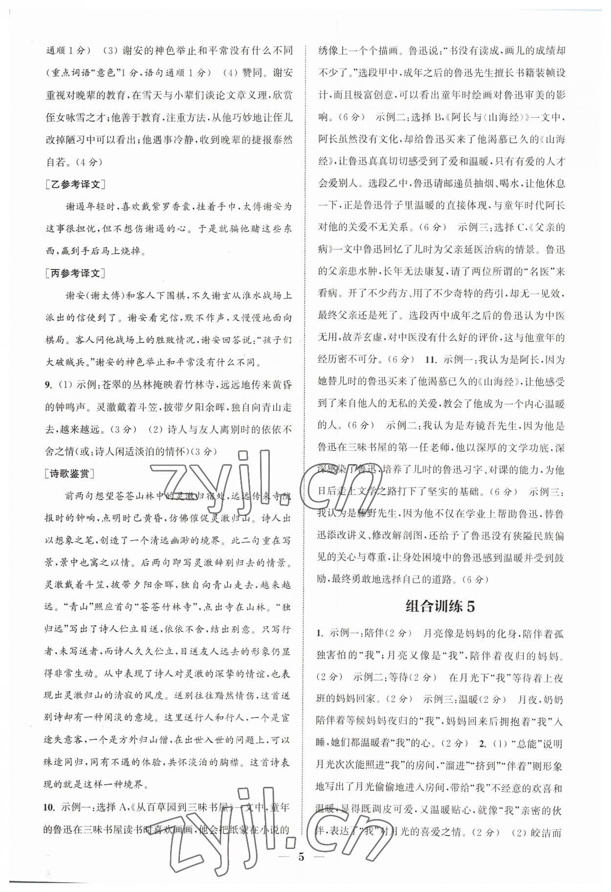 2023年通城学典初中语文阅读组合训练七年级语文上册浙江专版 参考答案第5页