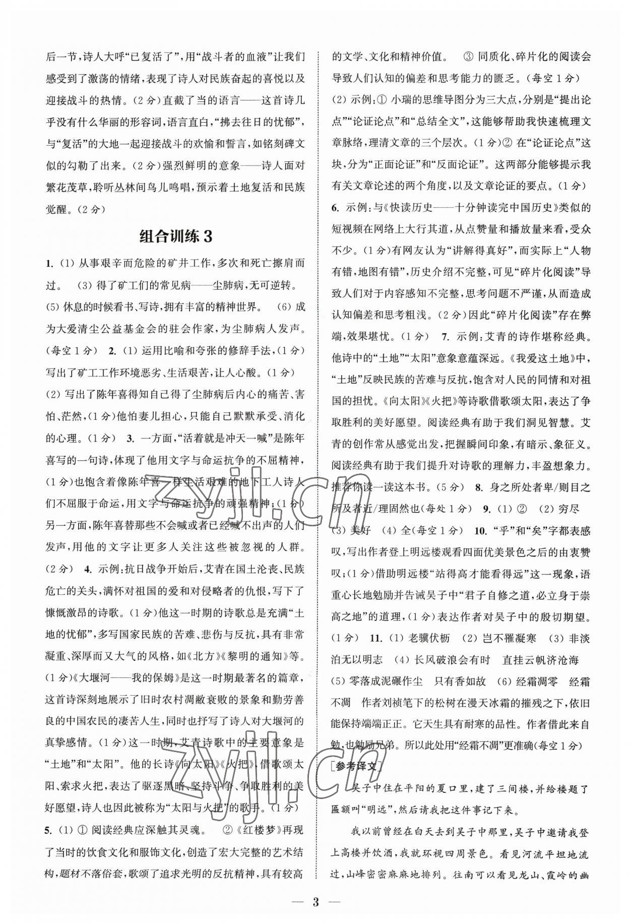 2023年通城學(xué)典初中語文閱讀組合訓(xùn)練九年級浙江專版 參考答案第3頁