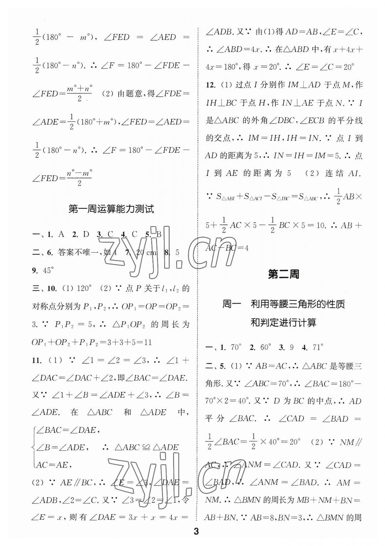 2023年通城学典初中数学运算能手八年级数学浙教版 参考答案第3页